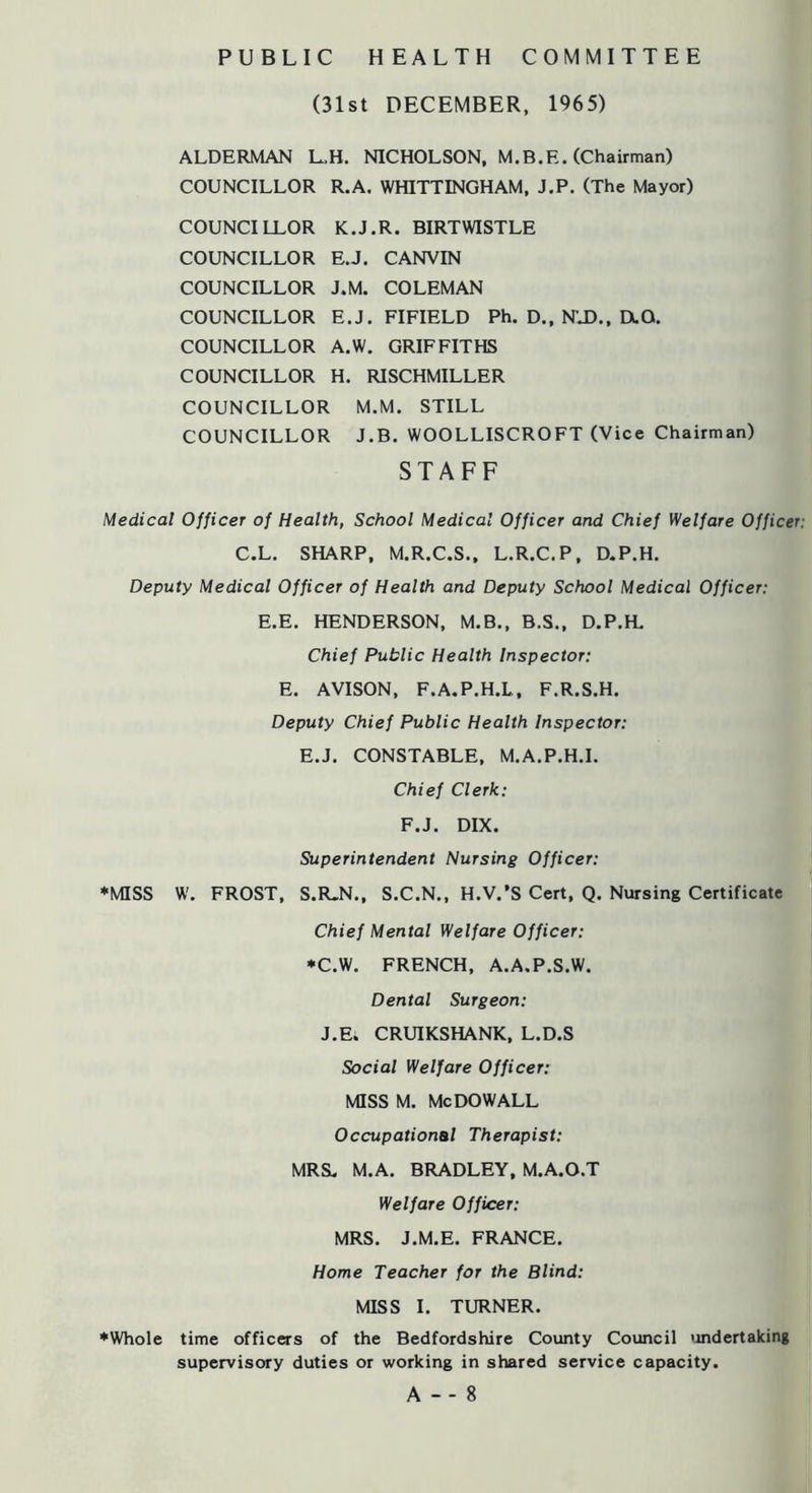 PUBLIC HEALTH COMMITTEE (31st DECEMBER, 1965) ALDERMAN L.H. NICHOLSON, M.B.E. (Chairman) COUNCILLOR R.A. WHITTINGHAM, J.P. (The Mayor) COUNCILLOR K.J.R. BIRTWISTLE COUNCILLOR E.J. CANVIN COUNCILLOR J.M. COLEMAN COUNCILLOR E.J. FIFIELD Ph. D., NU)., aO. COUNCILLOR A.W. GRIFFITHS COUNCILLOR H. RISCHMILLER COUNCILLOR M.M. STILL COUNCILLOR J.B. WOOLLISCROFT (Vice Chairman) STAFF Medical Officer of Health, School Medical Officer and Chief Welfare Officer: C.L. SHARP, M.R.C.S., L.R.C.P, D.P.H. Deputy Medical Officer of Health and Deputy School Medical Officer: E.E. HENDERSON, M.B., B.S., D.P.H. Chief Public Health Inspector: E. AVISON, F.A.P.H.L, F.R.S.H. Deputy Chief Public Health Inspector: E.J. CONSTABLE, M.A.P.H.I. Chief Clerk: F.J. DIX. Superintendent Nursing Officer: ♦MISS W. FROST, S.R.N., S.C.N., H.V.’S Cert, Q. Nursing Certificate Chief Mental Welfare Officer: •C.W. FRENCH, A.A.P.S.W. Dental Surgeon: J.E. CRUIKSHANK, L.D.S Social Welfare Officer: MISS M. Me DO WALL Occupational Therapist: MRS. M.A. BRADLEY, M.A.O.T Welfare Officer: MRS. J.M.E. FRANCE. Home Teacher for the Blind: MISS I. TURNER. ♦Whole time officers of the Bedfordshire County Council 'indertaking supervisory duties or working in shared service capacity.