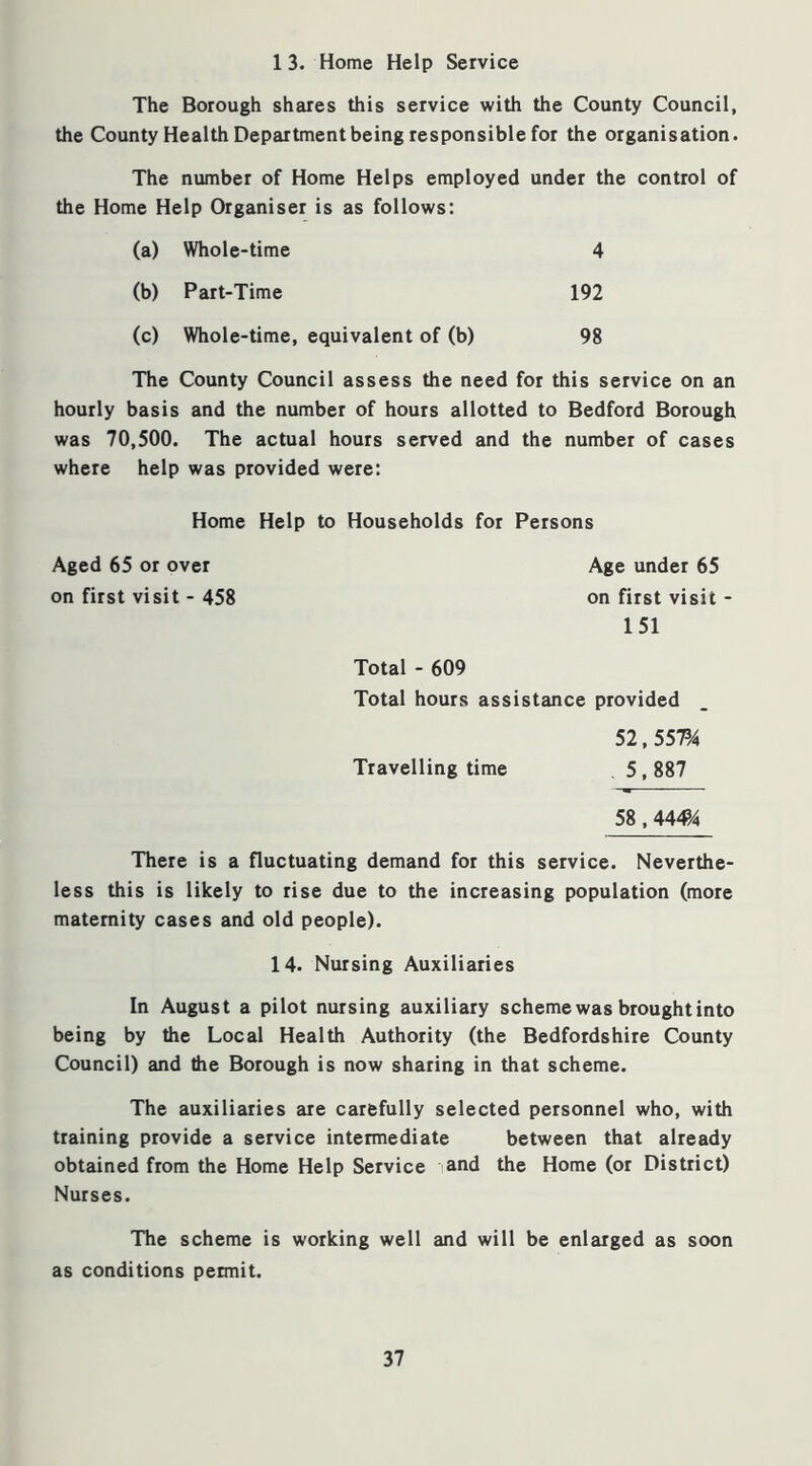 13. Home Help Service The Borough shares this service with the County Council, the County Health Department being responsible for the organisation. The number of Home Helps employed under the control of the Home Help Organiser is as follows: (a) Whole-time 4 (b) Part-Time 192 (c) Whole-time, equivalent of (b) 98 The County Council assess the need for this service on an hourly basis and the number of hours allotted to Bedford Borough was 70,500. The actual hours served and the number of cases where help was provided were: Home Help to Households for Persons Aged 65 or over Age under 65 on first visit - 458 on first visit- 151 Total - 609 Total hours assistance provided 52,5STA Travelling time .5,887 58,44^/4 There is a fluctuating demand for this service. Neverthe- less this is likely to rise due to the increasing population (more maternity cases and old people). 14. Nursing Auxiliaries In August a pilot nursing auxiliary scheme was brought into being by the Local Health Authority (the Bedfordshire County Council) and the Borough is now sharing in that scheme. The auxiliaries are carefully selected personnel who, with training provide a service intermediate between that already obtained from the Home Help Service ;and the Home (or District) Nurses. The scheme is working well and will be enlarged as soon as conditions permit.