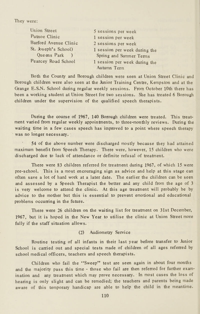 They were: 5 sessions per week 1 session per week 2 sessions per week 1 session per week during the Spring and Summer Terms 1 session per week during the Autumn Term Both the County and Borough children were seen at Union Street Clinic and Borough children were also seen at the Junior Training Centre, Kempston and at the Grange E.S.N. School during regular weekly sessions. From October 10th there has been a working student at Union Street for two sessions. She has treated 6 Borough children under the supervision of the qualified speech therapists. Union Street Putnoe Clinic Barford Avenue Clinic St. Joseph’s School) Queens Park ) Pearcey Road School During the course of 1967, 140 Borough children were treated. This treat- ment varied from regular weekly appointments, to three-monthly reviews. During the waiting time in a few cases speech has improved to a point where speech therapy was no longer necessary. 54 of the above number were discharged mostly because they had attained maximum benefit from Speech Therapy. There were, however, 15 children who were discharged due to lack of attendance or definite refusal of treatment. There were 83 children referred for treatment during 1967, of which 15 were pre-school. This is a most encouraging sign as advice and help at this stage can often save a lot of hard work at a later date. The earlier the children can be seen and assessed by a Speech Therapist the better and any child from the age of 3 is very welcome to attend the clinic. At this age treatment will probably be by advice to the mother but this is essential to prevent emotional and educational problems occurring in the future. There were 26 children on the waiting list for treatment on 31st December, 1967, but it is hoped in the New Year to utilise the clinic at Union Street more fully if the staff situation allows. (2) Audiometry Service Routine testing of all infants in their last year before transfer to Junior School is carried out and special tests made of children of all ages refened by school medical officers, teachers and speech therapists. Children who fail the “Sweep” test are seen again in about four months and the majority pass this time - those who fail are then refened for further exam- ination and any treatment which may prove necessary. In most cases the loss of hearing is only slight and can be remedied; the teachers and parents being made aware of this temporary handicap are able to help the child in the meantime. no