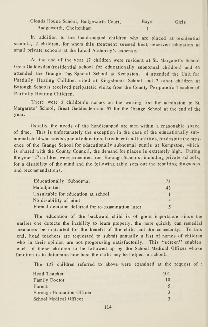 Clouds House School, Badgeworth Court, Boys Girls Badgeworth, Cheltenham 1 In addition to the handicapped children who are placed at residential schools, 2 children, for whom this treatment seemed best, received education at small private schools at the Local Authority’s expense. At the end of the year 17 children were resident at St. Margaret’s School Great Gaddesden (residential school for educationally subnormal children) and 46 attended the Grange Day Special School at Kempston. 4 attended the Unit for Partially Hearing Children sited at Kingsbrook School and 7 other children at Borough Schools received peripatetic visits from the County Peripatetic Teacher of Partially Hearing Children. There were 2 children’s names on the waiting list for admission to St Margarets’ School, Great Gaddesden and 57 for the (jrange School at the end of the year. Usually the needs of the handicapped are met within a reasonable space of time. This is unfortunately the exception in the case of the educationally sub- normal child whoneeds special educational treatmentandfacilities, for despite the pres- ence of the Grange School for educationally subnormal pupils at Kempston, which is shared with the County Council, the demand for places is extremely high. During the year 127 children were examined from Borough Schools, including private schools, for a disability of the mind and the following table sets out the resulting diagnoses and recommendations. Educationally Subnormal 73 Maladjusted 43 Unsuitable for education at school 1 No disability of mind 5 Formal decision deferred for re-examination later 5 The education of the backward child is of great importance since the earlier one detects the inability to learn properly, the more quickly can remedial measures be instituted for the benefit of the child and the community. To this end, head teachers are requested to submit annually a list of names of children who in their opinion are not progressing satisfactorily. This “screen” enables each of these children to be followed up by the School Medical Officer whose function is to determine how best the child may be helped in school. The 127 children referred to above were examined at the request of : Head Teacher 101 Family Doctor 10 Parent 5 Borough Education Officer 3 School Medical Officer 3