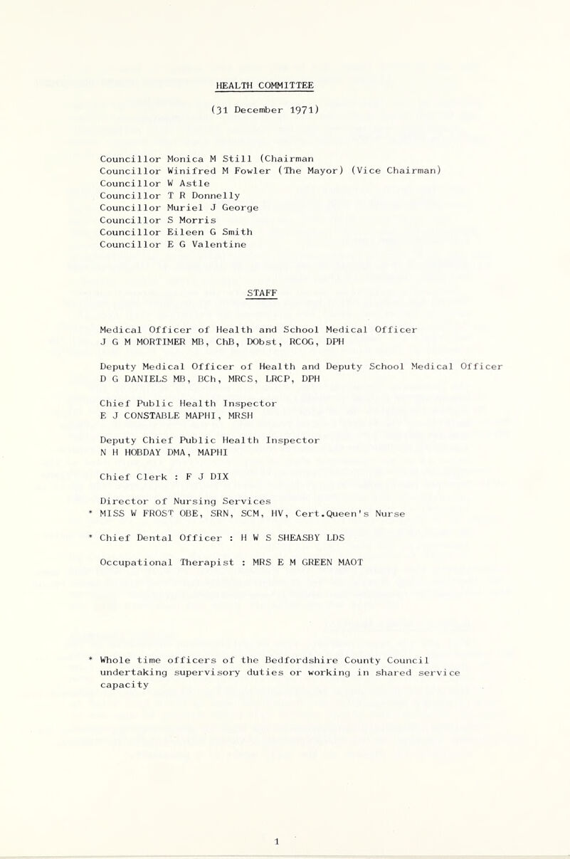 HEALTH COMMITTEE (31 December 1971) Counci1lor Councillor Councillor Councillor Councillor Councillor Councillor Councillor Monica M Still (Chairman Winifred M Fowler (The Mayor) W Astle T R Donnelly Muriel J George S Morris Eileen G Smith E G Valentine (Vice Chairman) STAFF Medical Officer of Health and School Medical Officer J G M MORTIMER MB, ChB, DObst, RCOG, DPH Deputy Medical Officer of Health and Deputy School Medical Officer D G DANIELS MB, BCh, MRCS, LRCP, DPH Chief Public Health Inspector E J CONSTABLE MAPHI, MRSH Deputy Chief Public Health Inspector N H HOBDAY DMA, MAPHI Chief Clerk : F J DIX Director of Nursing Services MISS W FROST OBE, SRN, SCM, HV, Cert.Queen's Nurse Chief Dental Officer : H W S SHEASBY LDS Occupational Therapist : MRS E M GREEN MAOT Whole time officers of the Bedfordshire County Council undertaking supervisory duties or working in shared service capacity