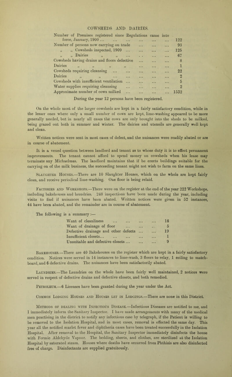 COWSHEDS AND DAIRIES. Number of Premises registered since Eegulatious came into force, Janiuuy, 1900 ... Number of persons now carrying on trade „ „ Cowsheds inspected, 1909 ... „ „ Dairies Cowsheds having drains and doors defective Dairies Cowsheds requiring cleansing Dairies „ „ Cowsheds with insufficient ventilation Water supplies requiring cleansing Approximate number of cows milked During the year 12 persons have been registered. 122 93 125 67 8 1 22 2 5 2 1532 On the whole most of the larger cowsheds are kept in a fairly satisfactory condition, while in the lesser ones where only a small number of cows are kept, lime-washing appeared to be more generally needed, but in nearly all cases the cows are only brought into the sheds to be milked, being grazed out both in summer and winter. The dairies and utensils are generally well kept and clean. Written notices were sent in most cases of defect, and the nuisances were readily abated or are in course of abatement. It is a vexed question between landlord and tenant as to whose duty it is to effect permanent improvements. The tenant cannot afford to spend money on cowsheds when his lease may terminate any Michaelmas. The landlord maintains that if he erects buildings suitable for the carrying on of the milk business, the succeeding tenant might not wish to farm on the same lines. Slaughter Houses.—There are 10 Slaughter Houses, which on the whole are kept fairly clean, and receive periodical lime-washing. One floor is being relaid. Factories and Workshops.—There were on the register at the end of the year 222 Workshops, including bakehouses and laundries. 248 inspections have been made during the year, including visits to find if nuisances have been abated. Written notices were given in 52 instances, 44 have been abated, and the remainder are in course of abatement. The following is a summary;— Want of cleanliness ... ... ... ... 18 Want of drainage of floor ... ... .. 5 Defective drainage and other defects ... ... 19 Insufficient closets... ... ... ... ... 1 Unsuitable and defective closets ... ... ... 9 Bakehouses.—There are 40 Bakehouses on the register which are kept in a fairly satisfactory condition. Notices were served in 14 instances to lime-wash, 3 floors to relay, 1 ceiling to match- board, and 6 defective drains. The nuisances have been satisfactorily abated. Laundries.—The Laundries on the whole have been fairly well maintained, 2 notices were served in respect of defective drains and defective closets, and both remedied. Petroleum.—6 Licenses have been granted during the year under the Act. Common Lodging Houses and Houses let in Lodgings.—There are none in this District. Methods of dealing with Infectious Disease.—Infectious Diseases are notified to me, and I immediately inform the Sanitary Inspector. I have made arrangements with many of the medical men practising in the district to notify any infectious case by telegraph, if the Patient is willing to be removed to the Isolation Hospital, and in most cases, removal is effected the same day. This year all the notified scarlet fever and diphtheria cases have been treated successfully in the Isolation Hospital. After removal to the Hospital, the Sanitary Inspector immediately disinfects the house with Formic Aldehyde Vapour. The bedding, sheets, and clothes, are sterilized at the Isolation Hospital by saturated steam. Houses where deaths have occurred from Phthisis are also disinfected free of charge. Disinfectants are supplied gratuitously.