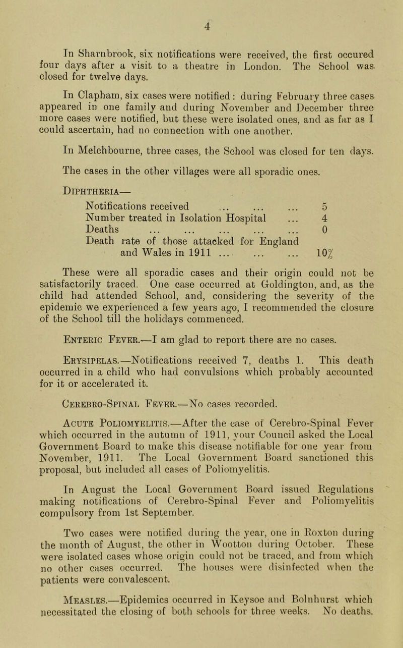 In Sharnbrook, six notifications were received, the first oecured four days after a visit to a theatre in London. The School was. closed for twelve days. In Clapharn, six cases were notified: during February three cases appeared in one family and during November and December three more cases were notified, but these were isolated ones, and as far as I could ascertain, had no connection with one another. In Melchbourne, three cases, the School was closed for ten days. The cases in the other villages were all sporadic ones. Diphtheria— Notifications received ... ... ... 5 Number treated in Isolation Hospital ... 4 Deaths ... ... ... ... ... 0 Death rate of those attacked for England and Wales in 1911 ... ... ... 10^ These were all sporadic cases and their origin could not be satisfactorily traced. One case occurred at Goldington, and, as the child had attended School, and, considering the severity of the epidemic we experienced a few years ago, I recommended the closure of the School till the holidays commenced. Enteric Fever.—I am glad to report there ai’e no cases. Erysipelas.—Notifications received 7, deaths 1. This death occurred in a child who had convulsions which probably accounted for it or accelerated it. Cerebro-Spinal Fever.—No cases recorded. Acute Poliomyelitis.—After the case of Cerebro-Spinal Fever which occurred in the autumn of 1911, your Council asked the Local Government Board to make this disease notifiable for one year from November, 1911. The Local Government Board sanctioned this proposal, but included all cases of Poliomyelitis. In August the Local Government Board issued Pegulations making notifications of Cerebro-Spinal Fever and Poliomyelitis compulsory from 1st September. Two cases were notified during the year, one in Eoxton during the month of August, the other in Wootton during October. These were isolated cases whose origin could not be traced, and from which no other cases occurred. The houses were disinfected when the patients were convalescent. Measles.—Epidemics occurred in Keysoe and Bolnlmrst which necessitated the closing of both schools for three weeks. No deaths.