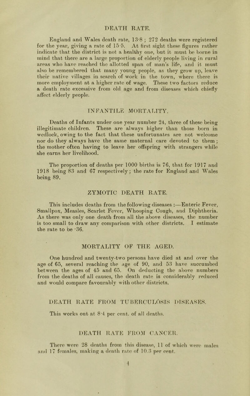 7)EA^1'H RATE. England and Wales death rate, 13-8 ; 272 deaths were registered for the year, giving a rate of 15'5. At first sight these figures rather indicate that the district is not a healthy one, but it must be liorne in mind that there are a large proportion of elderly people living in rural areas who have I’eached tho allotted span of man’s life, and it must also be remembered that many young people, as they grow up, leave their native villages in search of work in the town, where there is more employment at a higher rate of wage. These two factors reduce a death rate excessive from old age and from diseases which chiefly affect elderly people. TNPANTILE MORTALITY. Deaths of Infants under one year number 24, three of the.se being illegitimate children. These are always higher than those born in wedlock, owing to the fact that these unfortunates are not welcome nor do they always have the same maternal care devoted to them ; the mother often having to leave her offspring with strangers while she earns her livelihood. The proportion of deaths per 1000 birtlis is 76, that for 1917 and 1918 being 83 and 67 respectively; the rate for England and Wales being 89. ZYMOTIC death RATE. This includes deaths from the following diseases :—Enteric Fever, Smallpox, Measles, Scarlet Fever, Whooping Cough, and Diphtheria. As there was only one death from all the above diseases, the number is too small to draw any comparison with other districts. I estimate the rate to be ’36. MORTALITY OF THE AGED. One hundred and twenty-two per.sons have died at and over the age of 65, several reaching the age of 90, and 53 have succumbed between the ages of 45 and 65. On deducting the above numbers from the deaths of all causes, the death rate is considerably reduced and would compare favourably with other districts. DEATH RATE FROM TUBERCULOSIS DISEASES. This works out at 8'4 per cerit. of all deaths. DEATH KATE FROM CANCKK. There were 28 deaths from this disease, 11 of which wer(' males and 17 female.s, making a death rate of 10.3 per cent.