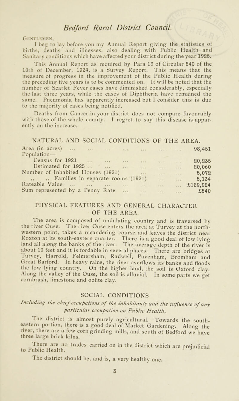 Bedford Rural District Council. CiK\TLEMEN, I be^ to lay before you my Annual Report giving' the statistics of births, deaths and illnesses, also dealing with Public Health and Sanitary conditions wdiich have affected your district during the year 1925. This Annual Report as required by Para 13 of Circular 540 of the 18th of December, 1924, is a Survey Report. This means that the measure of progress in the improvement of the Public Health during the preceding five years is to be commented on. It w’ill be noted that the number of Scarlet Fever cases have diminished considerably, especially the last three years, while the cases of Diphtheria have remained the same. Pneumonia has apparently increased but I consider this is due to the majority of cases being notified. Deaths from Cancer in your district does not compare favourably with those of the wdiole county. I regret to say this disease is appar- ently on the increase. NATURAL AND SOCIAL CONDITIONS OF THE AREA. Area (in acres) ... ... ... ... ... ... ... 98,451 Population— Census for 1921 ... ... ... ... ... ... 20,235 Estimated for 1925 ... ... .. ... ... ... 20,060 Number of Inhabited Houses (1921) ... ... ... 5,072 ,, ,, Families in separate rooms (1921) ... ... 5,134 Rateable Value ... ... ... ... ... ... ... £129,924 Sum represented by a Penny Rate ... ... ... ... £540 PHYSICAL FEATURES AND GENERAL CHARACTER OF THE AREA. The area is composed of undulating country and is traversed by the river Ouse. The river Ouse enters the area at Turvey at the north- western point, takes a meandering course and leaves the district near Roxton at its south-eastern quarter. There is a good deal of low lying land all along the banks of the river. The average depth of the river is about 10 feet and it is fordable in several places. There are bridges at Turvey; Harrold, Felmersham, Radw^ell, Pavenham, Bromham and Great Barford. In heavy rains, the river overflow's its banks and floods the low lying country. On the higher land, the soil is Oxford clay. Along the valley of the Ouse, the soil is alluvial. In some parts we get cornbrash, limestone and oolite clay. SOCIAL CONDITIONS Including the chief occupations of the inhabitants and the influence of any particular occupation on Public Health. The district is almost purely agricultural. Towards the south- eastern portion, there is a good deal of Market Gardening. Along the river, there are a few corn grinding mills, and south of Bedford we have three large brick kilns. There are no trades carried on In the district which are prejudicial to Public Health. The district should be, and is, a very healthy one.