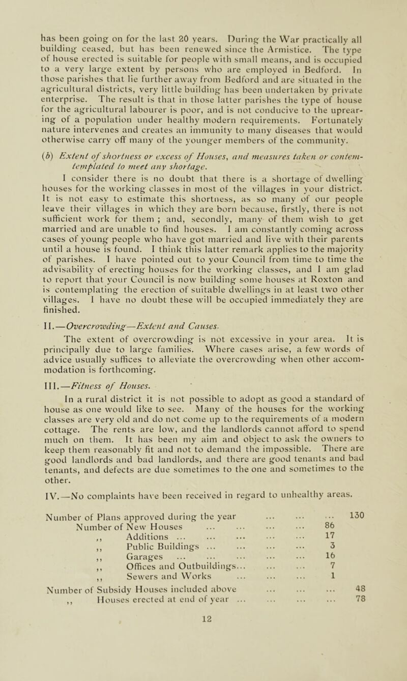 has been going on for the last 20 years. During the War practically all building- ceased, but has been renewed since the Armistice. The type of house erected is suitable for people with small means, and is occupied to a very large extent by persons who are employed in Bedford. In those parishes that lie further away from Bedford and are situated in the agricultural districts, very little building has been undertaken by private enterprise. The result is that in those latter parishes the type of house tor the agricultural labourer is poor, and is not conducive to the uprear- ing ot a population under healthy modern requirements. Fortunately nature intervenes and creates an immunity to many diseases that would otherwise carry off many of the younger members of the community. (b) Extent of shortness or excess of Houses, and measures taken or contem- templated to meet any shortage. I consider there is no doubt that there is a shortage of dwelling houses for the working classes in most of the villages in your district. It is not easy to estimate this shortness, as so many of our people leave their villages in which they are born because, firstly, there is not sufficient work for them ; and, secondly, many of them wish to get married and are unable to find houses. I am constantly coming across cases of young people who have got married and live with their parents until a house is found. I think this latter remark applies to the majority of parishes. I have pointed out to your Council from time to time the advisability of erecting houses for the working classes, and 1 am glad to report that your Council is now building some houses at Roxton and is contemplating the erection of suitable dwellings in at least two other villages. 1 have no doubt these will be occupied immediately they are finished. II. — Overcrowding—Extent and Causes. The extent of overcrowding is not excessive in your area. It is principally due to large families. Where cases arise, a few words of advice usually suffices to alleviate the overcrowding when other accom- modation is forthcoming. III. —Fitness of Houses. In a rural district it is not possible to adopt as good a standard of house as one would like to see. Many of the houses for the working classes are very old and do not come up to the requirements of a modern cottage. The rents are low, and the landlords cannot afford to spend much on them. It has been my aim and object to ask the owners to keep them reasonably fit and not to demand the impossible. There are good landlords and bad landlords, and there are good tenants and bad tenants, and defects are due sometimes to the one and sometimes to the other. IV. —No complaints have been received in regard to unhealthy areas. Number of Plans approved during the year ... ... ... 130 Number of New Houses ... ... ... ••• 86 ,, Additions ... ... ••• ••• 17 ,, Public Buildings ... ... ... ... 3 ,, Garages ... ... ... •• ••• 16 ,, Offices and Outbuildings... ... ... 7 ,, Sewers and Works ... ... ... 1 Number of Subsidy Houses included above ... ... ... 48 ,, Houses erected at end of year ... ... ... ... 78