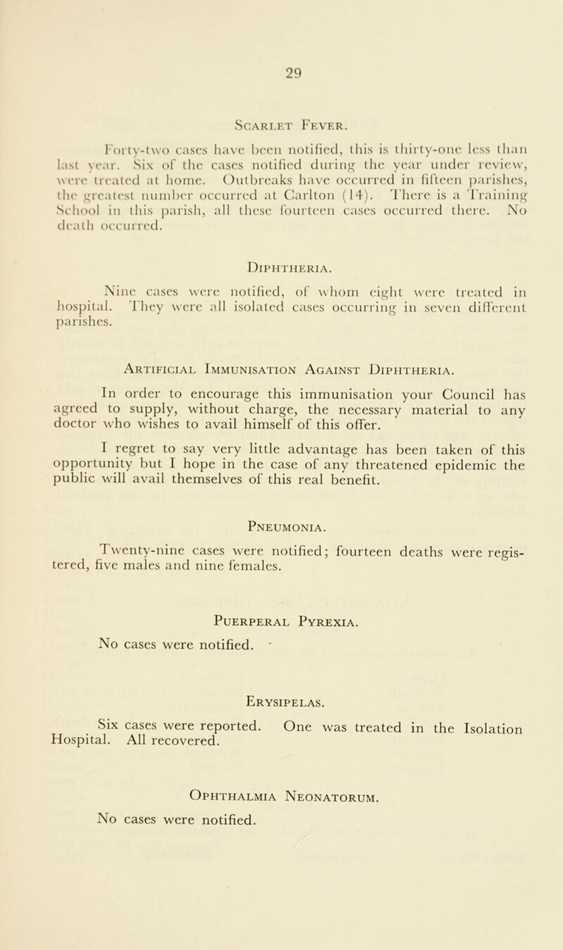 Scarlet Fever. Forty-two cases have been notified, this is thirty-one less than last year. Six of the cases notified during the year under review, were treated at home. Outbreaks have occurred in fifteen parishes, tht' greatest number occurred at Carlton (14). There is a Training School in this parish, all these fourteen cases occurred there. No death occurred. Diphtheria. Nine cases were notified, hospital. t hey were all isolated parishes. of whom eight were treated in cases occurring in seven different Artificial Immunisation Against Diphtheria. In order to encourage this immunisation your Council has agreed to supply, without charge, the necessary material to any doctor who wishes to avail himself of this offer. I regret to say very little advantage has been taken of this opportunity but I hope in the case of any threatened epidemic the public will avail themselves of this real benefit. Pneumonia. Twenty-nine cases were notified; fourteen deaths were regis- tered, five males and nine females. Puerperal Pyrexia. No cases were notified. • Erysipelas. Six cases were reported. One was treated in the Isolation Hospital. All recovered. Ophthalmia Neonatorum. No cases were notified.