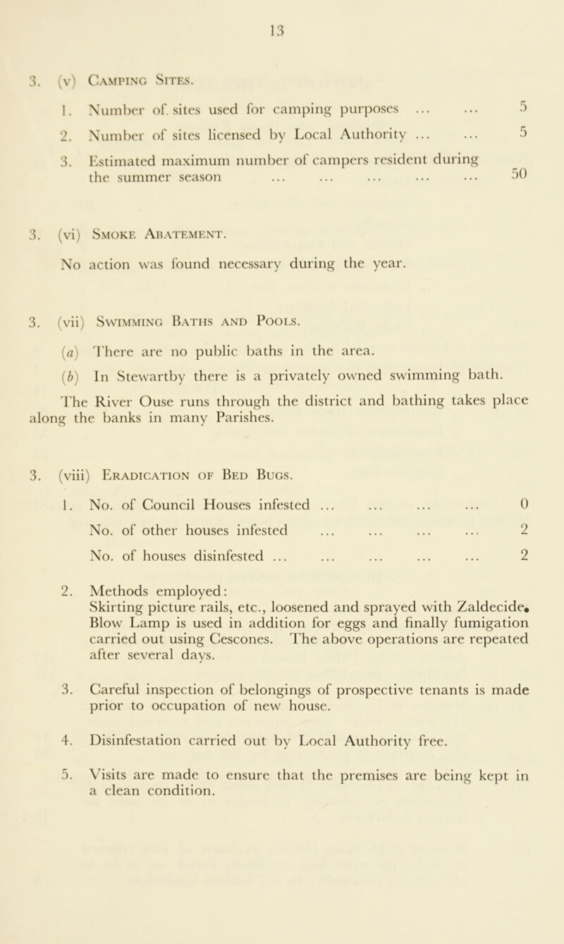 3. (v) Camping Sites. 1. Xumbcr of. sites used for camping purposes ... 2. Number of sites licensed by Local Authority ... 3. Estimated maximum number of campers resident during the summer season 5 50 3. (vi) Smoke Abatement. No action was found necessary during the year. 3. (vii) Swimming Baths and Pools. {a) There are no public baths in the area. {b) In Stewartby there is a privately owned swimming bath. The River Ouse runs through the district and bathing takes place along the banks in many Parishes. 3. (viii) Eradication of Bed Bugs. 1. No. of Council Houses infested ... ... ... ... 0 No. of other houses infested ... ... ... ... 2 No. of houses disinfested ... ... ... ... ... 2 2. Methods employed: Skirting picture rails, etc., loosened and sprayed with Zaldecide* Blow Lamp is used in addition for eggs and finally fumigation carried out using Cescones. The above operations are repeated after several days. 3. Careful inspection of belongings of prospective tenants is made prior to occupation of new house. 4. Disinfestation carried out by Local Authority free. 5. Visits are made to ensure that the premises are being kept in a clean condition.