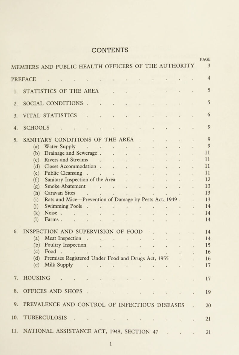 CONTENTS PAGE MEMBERS AND PUBLIC HEALTH OFFICERS OF THE AUTHORITY 3 PREFACE 4 1. STATISTICS OF THE AREA 5 2. SOCIAL CONDITIONS 5 3. VITAL STATISTICS 6 4. SCHOOLS 9 5. SANITARY CONDITIONS OF THE AREA 9 (a) Water Supply ......... 9 (b) Drainage and Sewerage . . . . . . . . 11 (c) Rivers and Streams . . . . . . . . 11 (d) Closet Accommodation . . . . . , . . 11 (e) Public Cleansing ......... 11 (f) Sanitary Inspection of the Area . . . . . . 12 (g) Smoke Abatement . . . . . . . . 13 (h) Caravan Sites ......... 13 (i) Rats and Mice—Prevention of Damage by Pests Act, 1949 . . 13 (j) Swimming Pools ......... 14 (k) Noise ........... 14 (l) Farms ........... 14 6. INSPECTION AND SUPERVISION OF FOOD .... 14 (a) Meat Inspection ......... 14 (b) Poultry Inspection . . . . . . . . 15 (c) Food 16 (d) Premises Registered Under Food and Drugs Act, 1955 . . 16 (e) Milk Supply 17 7. HOUSING 17 8. OFFICES AND SHOPS 19 9. PREVALENCE AND CONTROL OF INFECTIOUS DISEASES . 20 10. TUBERCULOSIS 21 11. NATIONAL ASSISTANCE ACT, 1948, SECTION 47 . . .21