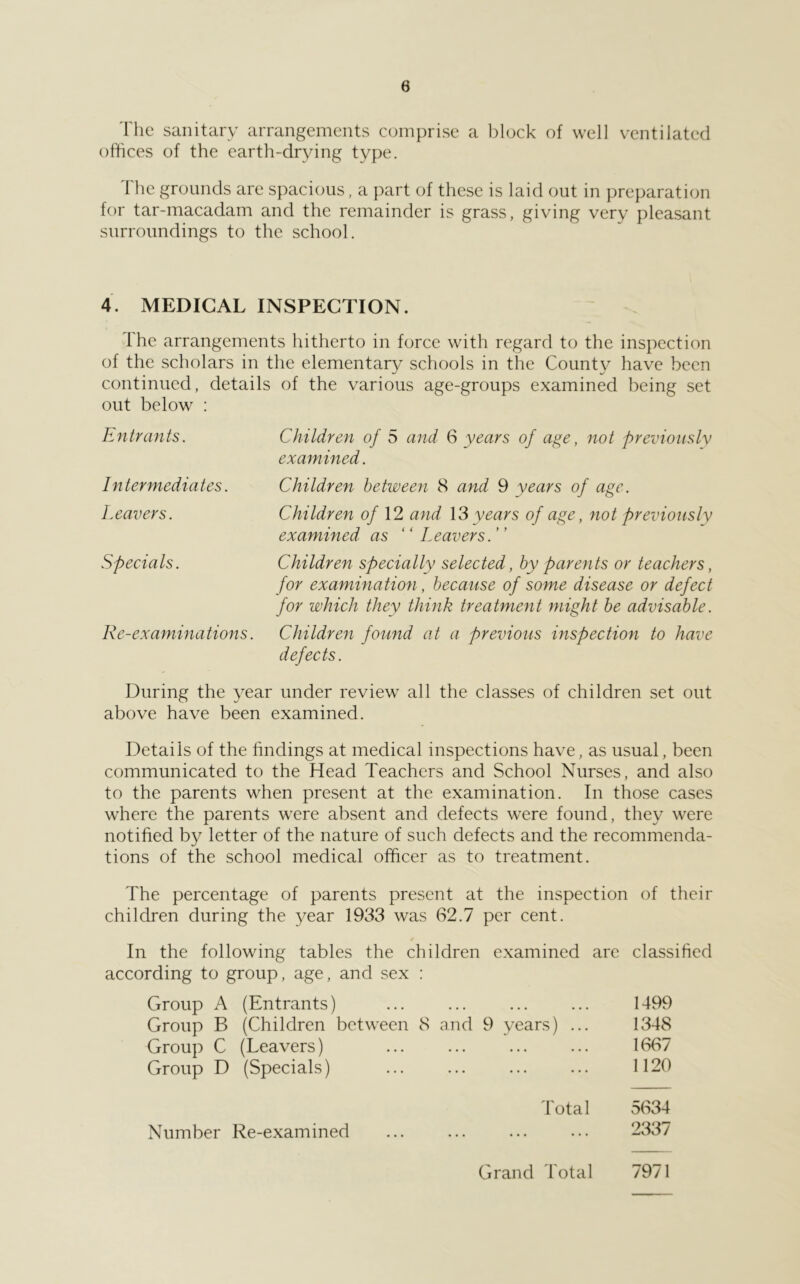 The sanitary arrangements comprise a block of well ventilated offices of the earth-drying type. I he grounds are spacious, a part of these is laid out in preparation for tar-macadam and the remainder is grass, giving very pleasant surroundings to the school. 4. MEDICAL INSPECTION. Ihe arrangements hitherto in force with regard to the inspection of the scholars in the elementary schools in the County have been continued, details of the various age-groups examined being set out below : Entrants. Intermediates, l.eavers. Specials. Re-examinations. During the year under review all the classes of children set out above have been examined. Details of the hndings at medical inspections have, as usual, been communicated to the Head Teachers and School Nurses, and also to the parents when present at the examination. In those cases where the parents were absent and defects were found, they were notified by letter of the nature of such defects and the recommenda- tions of the school medical officer as to treatment. The percentage of parents present at the inspection of their children during the year 1933 was 62.7 per cent. In the following tables the children examined are classified according to group, age, and sex : Group A (Entrants) ... ... ... ... 1499 Group B (Children between 8 and 9 years) ... 1348 Group C (Leavers) ... ... ... ... 1667 Group D (Specials) ... ... ... ... 1120 Total 5634 Number Re-examined ... ... ... ... -337 7971 Children of 5 and 6 years of age, not previously examined. Children between 8 and 9 years of age. Children o/ 12 and \3 years of age, not previously examined as “Leavers.'' Children specially selected, by parents or teachers, for examination, because of some disease or defect for which they think treatment might be advisable. Children found at a previous inspection to have defects. Grand Total