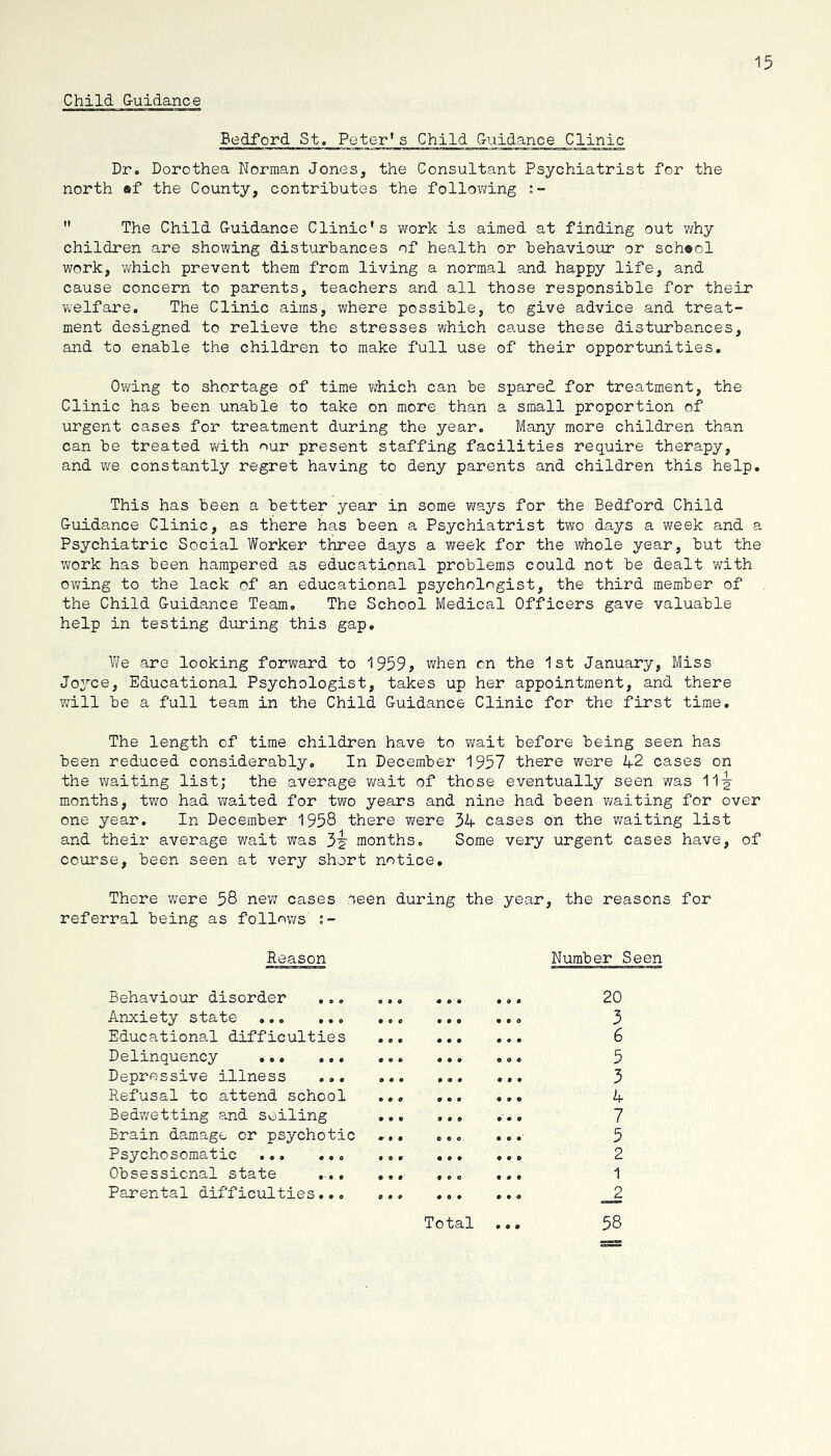 Child G-uidance Bedford St. Peter’s Child Guidance Clinic Dr. Dorothea Norman Jones, the Consultant Psychiatrist for the north «f the County, contributes the follov^ing  The Child Cuidance Clinic's work is aimed at finding out why children are showing disturbances of health or behaviour or school work, which prevent them from living a normal and happy life, and cause concern to parents, teachers and all those responsible for their welfare. The Clinic aims, where possible, to give advice and treat- ment designed to relieve the stresses which cause these disturbances, and to enable the children to make full use of their opportunities. Owing to shortage of time which can be spared for treatment, the Clinic has been unable to take on more than a small proportion of urgent cases for treatment during the year. Many more children than can be treated with our present staffing facilities require therapy, and we constantly regret having to deny parents and children this help. This has been a better year in some ways for the Bedford Child Guidance Clinic, as there has been a Psychiatrist two days a week and a Psychiatric Social Worker three days a week for the whole year, but the work has been hampered as educational problems could not be dealt with owing to the lack of an educational psychologist, the third member of the Child Guidance Team, The School Medical Officers gave valuable help in testing during this gap, V/e are looking forward to 1959, when on the 1st January, Miss Joyce, Educational Psychologist, takes up her appointment, and there will be a full team in the Child Guidance Clinic for the first time. The length of time children have to wait before being seen has been reduced considerably. In December 1957 there were 42 cases on the waiting list; the average wait of those eventually seen was 11-^ months, two had waited for two years and nine had been waiting for over one year. In December 1958 there were 34 cases on the vjaiting list and their average wait was 3^ months. Some very urgent cases have, of course, been seen at very short notice. There were 58 nev? cases seen during the year, the reasons for referral being as follows Reason Number Seen Behaviour disorder 20 Anxiety state 3 Educational difficulties ... ... ... 6 Delinquency ... .,, .,» ... 5 Depressive illness 3 Refusal to attend school 4 Bedwetting e.nd soiling ... ,,, ,■., 7 Brain damage or psychotic ... ...- 5 Psychosomatic 2 Obsessional state ... ... 1 Parental difficulties __2 Total ... 58