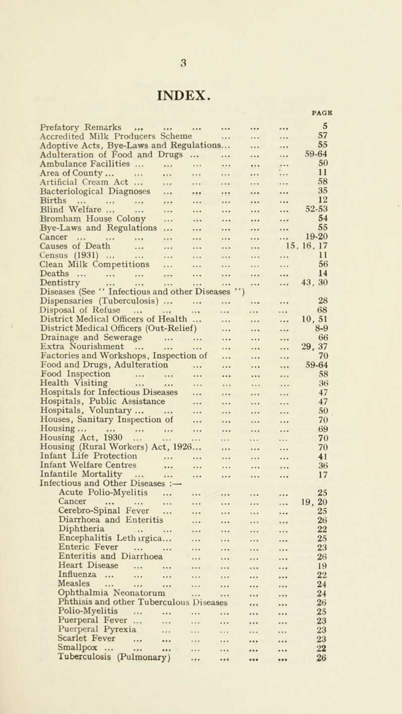 INDEX. PAGE Prefatory Remarks Accredited Milk Producers Scheme Adoptive Acts, Bye-Laws and Regulations... Adulteration of Food and Drugs ... Ambulance Facilities ... Area of County... Artificial Cream Act ... Bacteriological Diagnoses Births ... ... ... ... ... ... Blind Welfare ... Bromham House Colony Bye-Laws and Regulations ... Cancer ... ... ... ... ... ... Causes of Death Census (1931) ... Clean Milk Competitions Deaths ... Dentistry Diseases (See “ Infectious and other Diseases ”) Dispensaries (Tuberculosis) ... Disposal of Refuse District Medical Officers of Health ... District Medical Officers (Out-Relief) Drainage and Sewerage Extra Nourishment Factories and Workshops, Inspection of Food and Drugs, Adulteration Food Inspection Health Visiting Hospitals for Infectious Diseases Hospitals, Public Assistance Hospitals, Voluntary ... Houses, Sanitary Inspection of Housing... ... ... ... ... ... Housing Act, 1930 Housing (Rural Workers) Act, 1926... Infant Life Protection Infant Welfare Centres Infantile Mortality Infectious and Other Diseases :— Acute Polio-Myelitis Cancer ... ... ... ... ... Cerebro-Spinal Fever Diarrhoea and Enteritis Diphtheria Encephalitis Leth irgica... Enteric Fever Enteritis and Diarrhoea Heart Disease Influenza Measles Ophthalmia Neonatorum Phthisis and other Tuberculous Diseases Polio-Myelitis Puerperal Fever Puerperal Pyrexia Scarlet Fever Smallpox Tuberculosis (Pulmonary) a 5 57 55 59-64 50 11 58 35 12 52-53 54 55 19-20 15, 16, 17 11 56 14 .. 43, 30 28 68 .. 10, 51 8-9 .. 66 .. 29, 37 70 59-64 58 36 47 47 50 70 69 70 70 41 36 17 25 . 19, 20 25 26 22 25 23 26 19 22 24 24 26 . 25 23 23 23 22 . 26