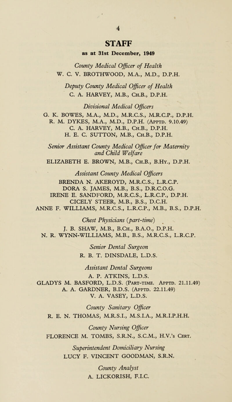 STAFF as at 31st December, 1949 County Medical Officer of Health W. C. V. BROTHWOOD, M.A., M.D., D.P.H. Deputy County Medical Officer of Health C. A. HARVEY, M.B., Ch.B., D.P.H. Divisional Medical Officers G. K. BOWES, M.A., M.D., M.R.C.S., M.R.C.P., D.P.H. R. M. DYKES, M.A., M.D., D.P.H. (Apptd. 9.10.49) C. A. HARVEY, M.B., Ch.B., D.P.H. H. E. C. SUTTON, M.B., Ch.B., D.P.H. Senior Assistant County Medical Officer for Maternity and Child Welfare ELIZABETH E. BROWN, M.B., CH.B., B.Hy., D.P.H. Assistant County Medical Officers BRENDA N. AKEROYD, M.R.C.S., L.R.C.P. DORA S. JAMES, M.B., B.S., D.R.C.O.G. IRENE E. SANDFORD, M.R.C.S., L.R.C.P., D.P.H. CICELY STEER, M.B., B.S., D.C.H. ANNE F. WILLIAMS, M.R.C.S., L.R.C.P., M.B., B.S., D.P.H. Chest Physicians (part-time) J. B. SHAW, M.B., B.Ch., B.A.O., D.P.H. N. R. WYNN-WILLIAMS, M.B., B.S., M.R.C.S., L.R.C.P. Senior Dental Surgeon R. B. T. DINSDALE, L.D.S. Assistant Dental Surgeons A. P. ATKINS, L.D.S. GLADYS M. BASFORD, L.D.S. (Part-time. Apptd. 21.11.49) A. A. GARDNER, B.D.S. (Apptd. 22.11.49) V. A. VASEY, L.D.S. County Sanitary Officer R. E. N. THOMAS, M.R.S.I., M.S.I.A., M.R.I.P.H.H. County Nursing Officer FLORENCE M. TOMBS, S.R.N., S.C.M., H.V.’s Cert. Superintendent Domiciliary Nursing LUCY F. VINCENT GOODMAN, S.R.N. County Analyst A. LICKORISH, F.I.C.