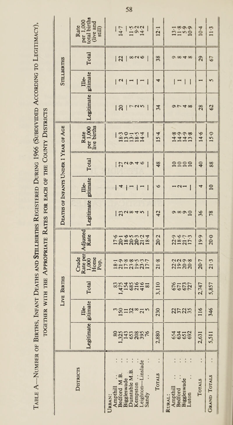Table A—Number of Births, Infant Deaths and Stillbirths Registered During 1966 (Subdivided According to Legitimacy), TOGETHER WITH THE APPROPRIATE RATES FOR EACH OF THE COUNTY DISTRICTS