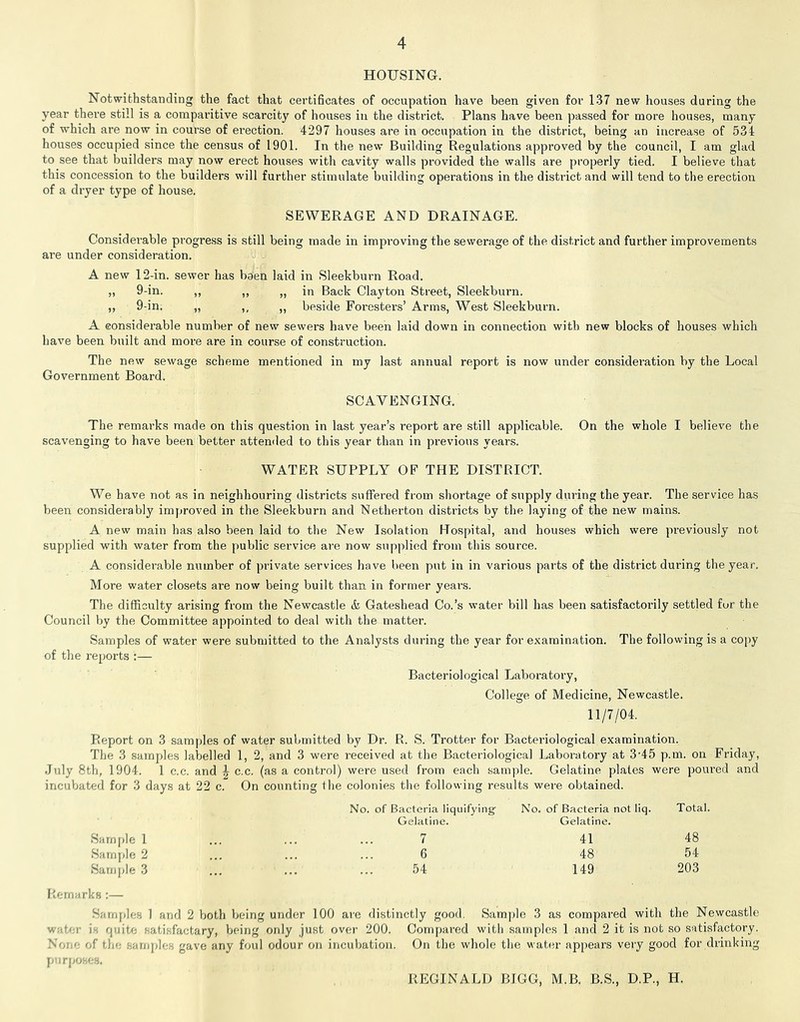 HOUSING. Notwithstanding the fact that certificates of occupation have been given for 137 new houses during the year there still is a comparitive scarcity of houses in the district. Plans have been passed for more houses, many of which are now in course of erection. 4297 houses are in occupation in the district, being an increase of 534 houses occupied since the census of 1901. In the new Building Regulations approved by the council, I am glad to see that builders may now erect houses with cavity walls provided the walls are properly tied. I believe that this concession to the builders will further stimulate building operations in the district and will tend to the erection of a dryer type of house. SEWERAGE AND DRAINAGE. Considerable progress is still being made in improving the sewerage of the district and further improvements are under consideration. A new 12-in. sewer has baen laid in Sleekburn Road. „ 9-in. ,, „ „ in Back Clayton Street, Sleekburn. „ 9-in. „ ,, „ beside Foresters’ Arms, West Sleekburn. A considerable number of new sewers have been laid down in connection with new blocks of houses which have been built and more are in course of construction. The new sewage scheme mentioned in my last annual report is now under consideration by the Local Government Board. SCAVENGING. The remarks made on this question in last year’s report are still applicable. On the whole I believe the scavenging to have been better attended to this year than in previous years. WATER SUPPLY OF THE DISTRICT. We have not as in neighbouring districts suffered from shortage of supply during the year. The service has been considerably improved in the Sleekburn and Netherton districts by the laying of the new mains. A new main has also been laid to the New Isolation Hospital, and houses which were previously not supplied with water from the public service are now supplied from this source. A considerable number of private services have been put in in various parts of the district during the year. More water closets are now being built than in former years. The difficulty arising from the Newcastle & Gateshead Co.’s water bill has been satisfactorily settled fur the Council by the Committee appointed to deal with the matter. Samples of water were submitted to the Analysts during the year for examination. The following is a copy of the reports :— Bacteriological Laboratory, College of Medicine, Newcastle. 11/7/04. Report on 3 samples of water submitted by Dr. R. S. Trotter for Bacteriological examination. The 3 samples labelled 1, 2, and 3 were received at the Bacteriological Laboratory at 3‘45 p.m. on Friday, July 8th, 1904. 1 c.c. and £ c.c. (as a control) were used from each sample. Gelatine plates were poured and incubated for 3 days at 22 c. On counting the colonies the following results were obtained. Sample 1 Sample 2 Sample 3 No. of Bacteria liquifying’ No. of Bacteria not liq. Total. Gelatine. Gelatine. 7 41 48 6 48 54 54 149 203 Remarks :— Samples 1 and 2 both being under 100 are distinctly good. Sample 3 as compared with the Newcastle v. v. r i, quite satisfactary, being only just over 200. Compared with samples 1 and 2 it is not so satisfactory. Not > of ili' samples gave any foul odour on incubation. On the whole the water appears very good for drinking purposes. REGINALD BIGG, M.B. B.S., D.P., H.