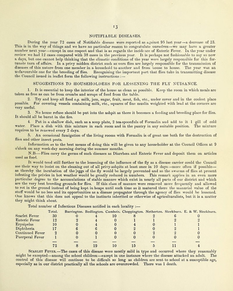 '3 NOTIFIABLE DISEASES. During the year 72 cases of Notifiable disease were reported as against 95 last year—a decrease of 23. This is in the way of things and we have no particular reason to congratulate ourselves—we may have a greater number next year—except in one respect and that is as regards the incidence of Enteric Fever. In the year under review we had 12 cases compared with 38 cases in the previous year. It is perhaps not fashionable to say so now a days, but one cannot help thinking that the climatic conditions of the year were largely responsible for this for- tunate turn of affairs. In a privy midden district such as ours flies are largely responsible for the transmission of diseases of this nature from one member in a household to another and from house to house. The year was an unfavourable one for the breeding of flies. Recognising the important part that flies take in transmitting disease the Council issued in leaflet form the following instructions :— SUGGESTIONS TO HOUSEHOLDERS FOR LESSENING THE FLY NUISANCE. 1. It is essential to keep the interior of the house as clean as possible. Keep the room in which meals are taken as free as can be from crumbs and scraps of food from the table. 2. Try and keep all food e.g. milk, jam, sugar, fruit, meat, fish, etc., under cover and in the coolest place possible. For covering vessels containing milk, etc., squares of fine muslin weighted with lead at the corners are very useful. 3. No house refuse should be put into the ashpit as there it becomes a feeding and breeding place for flies. It should all be burnt in the fire. 4. Put in a shallow dish, such as a soup plate, 2 tea-spoonfuls of Formalin and add to it 1 gill of cold water. Place a dish with this mixture in each room and in the pantry in any suitable position. The mixture requires to be renewed every 2 days. 5. An occasional fumigation of the living rooms with Formalin is of great use both for the destruction of flies and other insect pests. Information as to the best means of doing this will be given to any householder at the Council Offices at 9 o’clock on any week-day morning during the summer months. N.B—Flies carry the germs of such diseases as Diarrhoea and Enteric Fever and deposit them on articles used as fooil. It would tend still further to the lessening of the influence of the fly as a disease carrier could the Council see their way to insist on the cleaning out of all privy-ashpits at least once in 10 days—^more often if possible— as thereby the incubation of the ^eggs of the fly would be largely prevented and so the swarms of flies at present infesting the privies in hot weather would be greatly reduced in numbers. This remark applies in an even more particular degree to the accumulations of stable manure which exist in nearly all parts of our district and which are the very best breeding grounds for flies. If this class of manure were removed more frequently and allowed to rot in the ground instead of being kept in heaps until such time as it matured there the manurial value of the stutf would be no less and its opportunities as a disease propagator through the agency of flies would be lessened. One knows that this does not appeal to the instincts inherited or otherwise of agriculturalists, but it is a matter they might think about. Total number of Infectious Diseases notified in each locality :— Total. Barrington. Bedlington. Cambois. Choppington. Netherton. Sleekburn. E. & VV. Sleekburn. Scarlet Fever 30 0 4 10 8 2 6 0 Enteric Fever 12 2 4 0 1 1 2 2 Erysipelas 10 0 4 0 4 0 1 1 Diphtheria 17 6 6 0 2 0 2 1 Continued Fever 2 0 0 0 0 2 2 0 Puerperal Fever 1 0 1 0 0 0 0 0 72 8 19 10 15 5 11 4 Scarlet Fever.—The cases of this disease were mostly mild in type and occurred where they reasonably might be excepted—among the school children—except in one instance w'here the disease attacked an adult. The control of this disease will continue to be difficult so long as children are sent to school at a susceptible age, especially as in our district practically all the schools are overcrowded. There was 1 death.