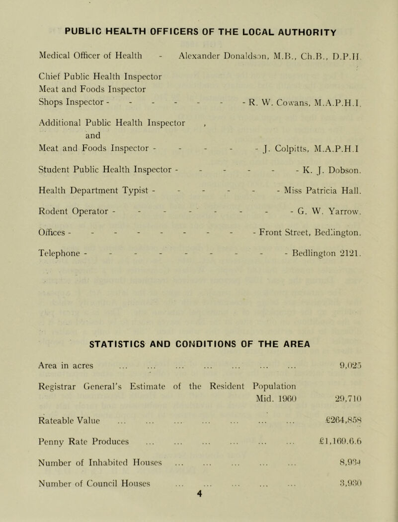 Medical Officer of Health - Alexander Donaldson, M.B., Ch.B., D.P.II Chief Public Health Inspector Meat and Foods Inspector Shops Inspector - Additional Public Health Inspector and Meat and Foods Inspector - Student Public Health Inspector - Health Department Typist - Rodent Operator - Offices ------ Telephone - - R. W. Cowans, M.A.P.H.I. - J. Colpitts, M.A.P.H.I - K. J. Dobson. - Miss Patricia Hall. - G. W. Yarrow. - Front Street, Bedlington. - Bedlington 2121. STATISTICS AND CONDITIONS OF THE AREA Area in acres ... ... ... ... ... 9,025 Registrar General’s Estimate of the Resident Population Mid. 1960 29,710 Rateable Value ... ... ... ... ... ... ... £264,858 Penny Rate Produces ... ... ... ... ... ... £1,169.6.6 Number of Inhabited Houses ... ... ... ... ... 8,93a Number of Council Houses ... ... ... ... ... 3,930