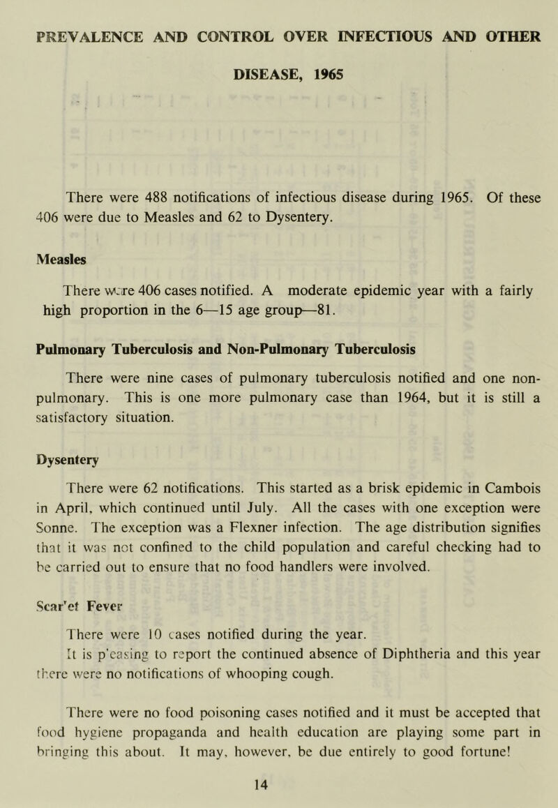 PREVALENCE AND CONTROL OVER INFECTIOUS AND OTHER DISEASE, 1965 There were 488 notifications of infectious disease during 1965. Of these 406 were due to Measles and 62 to Dysentery. Measles There were 406 cases notified. A moderate epidemic year with a fairly high proportion in the 6—15 age group—81. Pulmonary Tuberculosis and Non-Pulmonary Tuberculosis There were nine cases of pulmonary tuberculosis notified and one non- pulmonary. This is one more pulmonary case than 1964, but it is still a satisfactory situation. Dysentery There were 62 notifications. This started as a brisk epidemic in Cambois in April, which continued until July. All the cases with one exception were Sonne. The exception was a Flexner infection. The age distribution signifies that it was not confined to the child population and careful checking had to be carried out to ensure that no food handlers were involved. Scar'et Fever 1 here were 10 cases notified during the year. It is p'easing to report the continued absence of Diphtheria and this year there were no notifications of whooping cough. There were no food poisoning cases notified and it must be accepted that food hygiene propaganda and health education are playing some part in bringing this about. It may, however, be due entirely to good fortune!