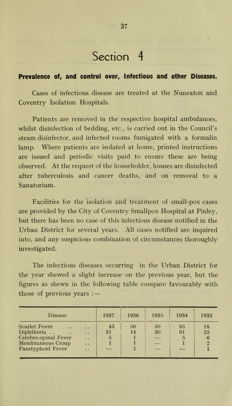 Section 4 Prevalence of, and control over, Infectious and other Diseases. Cases of infectious disease are treated at the Nuneaton and Coventry Isolation Hospitals. Patients are removed in the respective hospital ambulances, whilst disinfection of bedding, etc., is carried out in the Council’s steam disinfector, and infected rooms fumigated with a formalin lamp. Where patients are isolated at home, printed instructions are issued and periodic visits paid to ensure these are being observed. At the request of the householder, houses are disinfected after tuberculosis and cancer deaths, and on removal to a Sanatorium. Facilities for the isolation and treatment of small-pox cases are provided by the City of Coventry Smallpox Hospital at Pinley, but there has been no case of this infectious disease notified in the Urban District for several years. All cases notified are inquired into, and any suspicious combination of circumstances thoroughly investigated. The infectious diseases occurring in the Urban District for the year shewed a slight increase on the previous year, but the figures as shewn in the following table compare favourably with those of previous years :— Disease 1937 1936 1935 1934 1933 Scarlet Fever 43 50 50 95 18 Diphtheria .. 31 14 30 91 23 Cerebro-spinal Fever 5 1 — 5 6 Membraneous Croup 1 1 — 1 2 Paratyphoid Fever 1 — — i