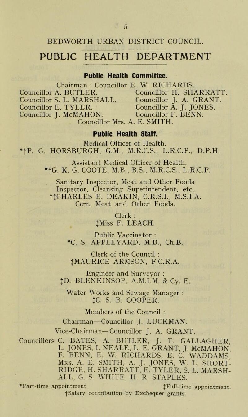 BEDWORTH URBAN DISTRICT COUNCIL. public 1Tealth~department Public Health Committee. Chairman : Councillor E. W. RICHARDS. Councillor A. BUTLER. Councillor S. L. MARSHALL. Councillor E. TYLER. Councillor J. McMAHON. Councillor Mrs. Councillor H. SHARRATT. Councillor J. A. GRANT. Councillor A. J. JONES. Councillor F. BENN. A. E. SMITH. Public Health Staff. Medical Officer of Health. *fP. G. HORSBURGH, G.M., M.R.C.S., L.R.C.P., D.P.H. Assistant Medical Officer of Health. ♦JG. K. G. COOTE, M.B., B.S., M.R.C.S., L.R.C.P. Sanitary Inspector, Meat and Other Foods Inspector, Cleansing Superintendent, etc. fJCHARLES E. DEAKIN, C.R.S.I., M.S.I.A. Cert. Meat and Other Foods. Clerk : JMiss F. LEACH. Public Vaccinator : *C. S. APPLEYARD, M.B., Ch.B. Clerk of the Council : +MAURICE ARMSON, F.C.R.A. Engineer and Surveyor : JD. BLENKINSOP, A.M.I.M. & Cy. E. Water Works and Sewage Manager : JC. S. B. COOPER. Members of the Council : Chairman—Councillor J. LUCKMAN. Vice-Chairman—Councillor J. A. GRANT. Councillors C. BATES, A. BUTLER, J. T. GALLAGHER L. JONES, I. NEALE, L. E. GRANT, J. McMAHON F. BENN, E. W. RICHARDS, E. C. WADDAMS Mrs. A. E. SMITH, A. J. JONES, W. L. SHORT- RIDGE, H. SHARRATT, E. TYLER, S. L. MARSH- ALL, G. S. WHITE, H. R. STAPLES. •Part-time appointment. JFull-time appointment. fSalary contribution by Exchequer grants.