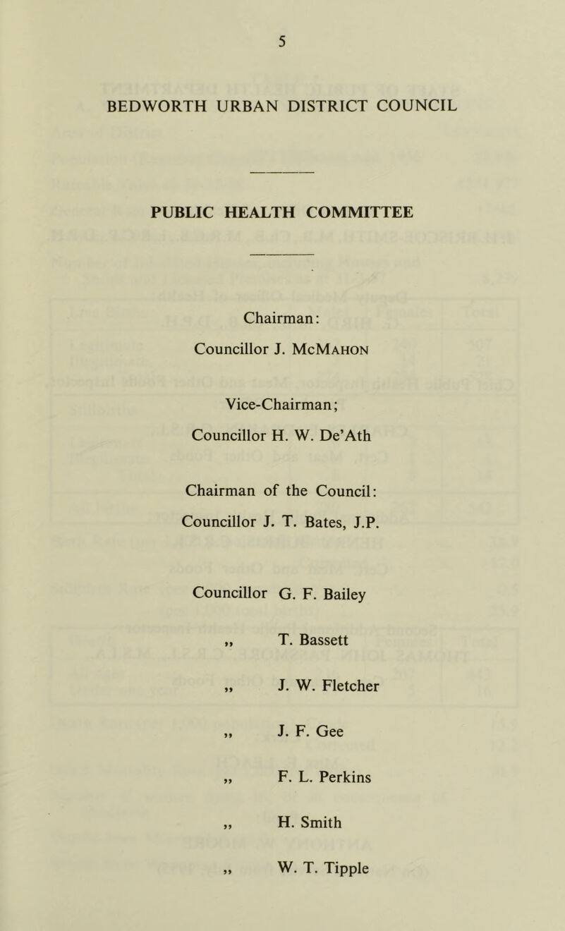 BEDWORTH URBAN DISTRICT COUNCIL PUBLIC HEALTH COMMITTEE Chairman: Councillor J. McMahon Vice-Chairman; Councillor H. W. De’Ath Chairman of the Council: Councillor J. T. Bates, J.P. Councillor G. F. Bailey „ T. Bassett „ J. W. Fletcher „ J. F. Gee „ F. L. Perkins „ H. Smith 99 W. T. Tipple