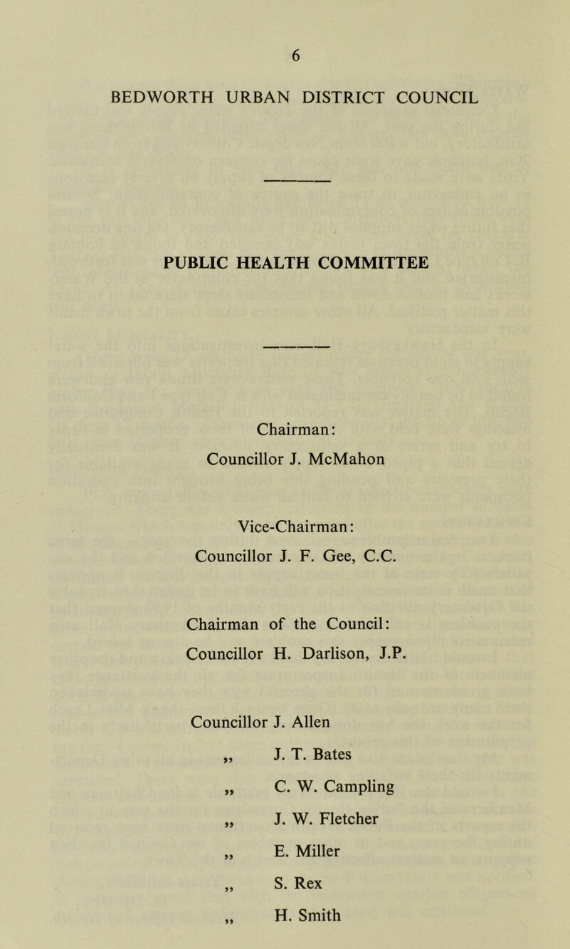 BEDWORTH URBAN DISTRICT COUNCIL PUBLIC HEALTH COMMITTEE Chairman: Councillor J. McMahon Vice-Chairman: Councillor J. F. Gee, C.C. Chairman of the Council: Councillor H, Darlison, J.P. Councillor J. Allen „ J. T. Bates „ C. W. Campling „ J. W. Fletcher „ E. Miller „ S. Rex „ H. Smith