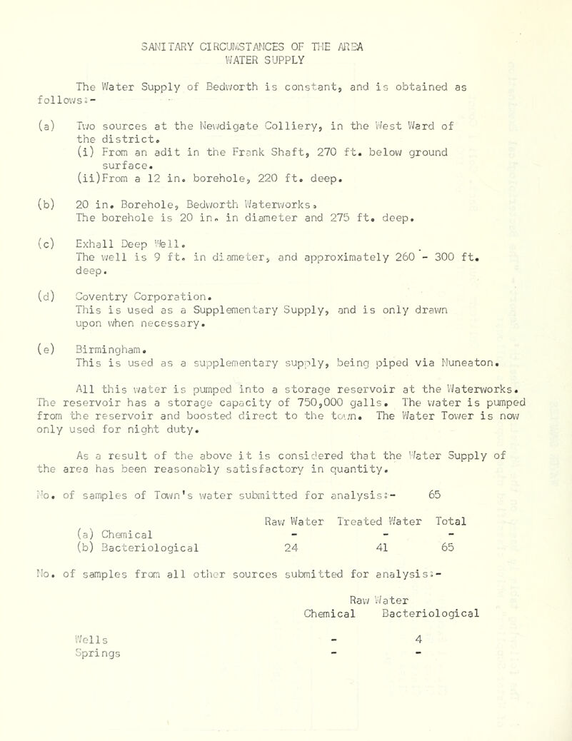 SANITARY CIRCUMSTANCES OF THE AREA V\fATER SUPPLY The Water Supply of Bedivorth is constantj and is obtained as follows;- (a) Two sources at the Newdigate Collieryj in the West Ward of the district. (i) From an adit in the Frank Shaft, 270 ft. below ground surface. (ii) From a 12 in. borehole, 220 ft. deep. (b) 20 in. Borehole, Bedworth Waterworks» The borehole is 20 in. in diameter and 275 ft. deep. (c) Exhall Deep Well. The well is 9 ft. in diameter, and approximately 260 - 300 ft. deep. (d) Coventry Corporation. This is used as a Supplementary Supply, and is only drawn upon when necessary. (e) Birmingham. This is used as a supplementary supply, being piped via Nuneaton. All this water is pumped into a storage reservoir at the Waterworks. The reservoir has a storage capacity of 750,000 galls. The water is pumped from the reservoir and boosted direct to the town. The VJater Tower is now only used for night duty. As a result of the above it is considered that the V'/ater Supply of the area has been reasonably satisfactory in quantity. Mo. of samples of Town's water submitted for analysis?- 65 Rav; Water Treated Water Total (a) Chemical - _ - (b) Bacteriological 24 41 65 No. of samples from all other sources submitted for analysis?- Raw Water Chemical Bacteriological Springs