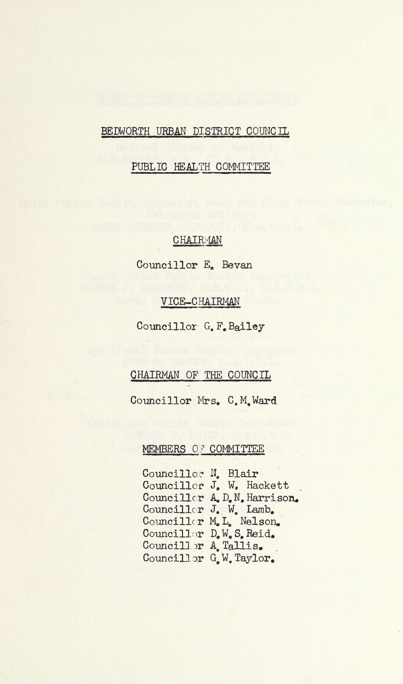 PUBLIC HEALTH COMMITTEE CHAIR:.IAN Councillor E, Bevan VICE~CHAIRI^ Councillor G.F, Bailey CHAIRMAN OF THE COUNCIL Councillor Mrs, C.M.Ward MEMBERS O:.^ COMMITTEE Councillor N. Blair Councillor J, W, Hackett Councillcr A, D,N, Harrison* Councillcr J, W, Lamb, Councillc r M,L, Nelson, Councillor D,W,S, Reid, Councillor A,Tallis, Councillor G,W,Taylor,