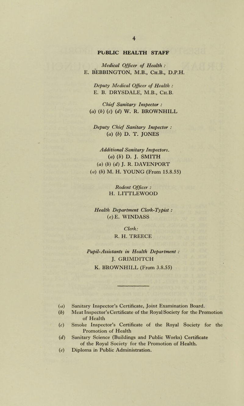 PUBLIC HEALTH STAFF Medical Officer of Health : E. BEBBINGTON, M.B., Ch.B., D.P.H. Deputy Medical Officer of Health : E. B. DRYSDALE, M.B., Ch.B. Chief Sanitary Inspector : (a) (6) (c) (d) W. R. BROWNHILL Deputy Chief Sanitary Inspector : (a) (b) D. T. JONES Additional Sanitary Inspectors. (a) (b) D. J. SMITH (a) (b) (d) J. R. DAVENPORT («) (b) M. H. YOUNG (From 15.8.55) Rodent Officer : H. LITTLEWOOD Health Department Clerk-Typist : (e) E. WINDASS Clerk: R. H. TREECE Pupil-Assistants in Health Department : J. GRIMDITCH K. BROWNHILL (From 3.8.55) (a) Sanitary Inspector’s Certificate, Joint Examination Board. (b) Meat Inspector’s Certificate of the Royal Society for the Promotion of Health (r) Smoke Inspector’s Certificate of the Royal Society for the Promotion of Health (d) Sanitary Science (Buildings and Public Works) Certificate of the Royal Society for the Promotion of Health. (e) Diploma in Public Administration.