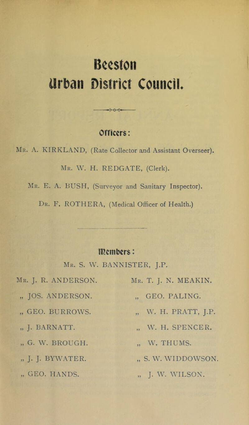 Bceston Urban District Couiicih Officers: Mr. a. KIRKLAND, (Rate Collector and Assistant Overseer). Mr. W. H. REDGATE, (Clerk). Mr. E. a. bush, (Surveyor and Sanitary Inspector). Dr. F. ROTH era, (Medical Officer of Health.) members: Mr. S. \V. bannister, J.P. Mr. J. R. ANDERSON. Mr. T. J. N. MEAKIN. „ JOS. ANDERSON. „ GEO. PALING. „ GEO. BURROWS. „ W. H. PRATT, J.P. „ J. BARNATT. „ W. H. SPENCER. „ G. W. BROUGH. „ W. THU MS. „ J. J. BY WATER. „ S. W. WIDDOWSON. „ GEO. HANDS. „ J. W. WILSON.