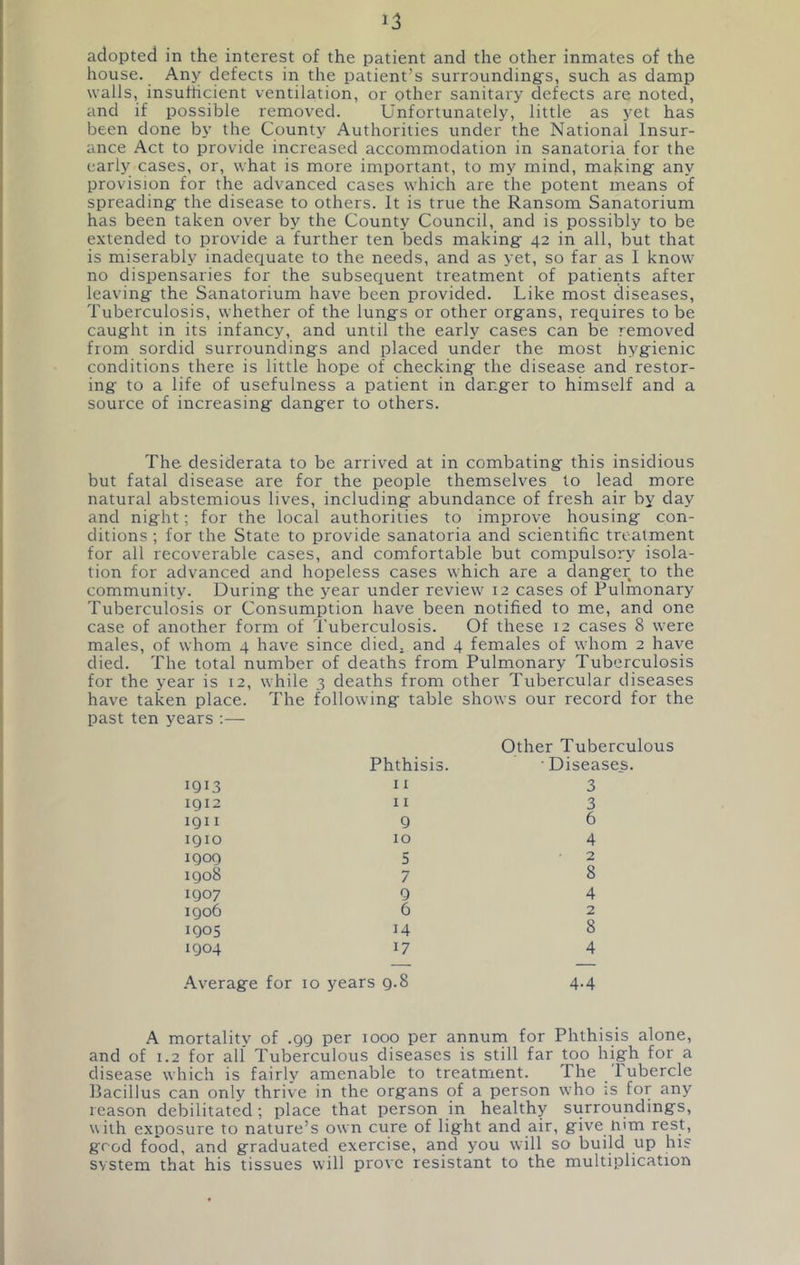 adopted in the interest of the patient and the other inmates of the house. Any defects in the patient’s surroundings, such as damp walls, insuhicient ventilation, or other sanitary defects are noted, and if possible removed. Unfortunately, little as yet has been done by the County Authorities under the National Insur- ance Act to provide increased accommodation in sanatoria for the early cases, or, what is more important, to my mind, making any provision for the advanced cases which are the potent means of spreading the disease to others. It is true the Ransom Sanatorium has been taken over by the County Council, and is possibly to be e.xtended to provide a further ten beds making 42 in all, but that is miserably inadequate to the needs, and as yet, so far as I know no dispensaries for the subsequent treatment of patients after leaving the Sanatorium have been provided. Like most diseases. Tuberculosis, whether of the lungs or other organs, requires to be caught in its infancy, and until the early cases can be removed fiom sordid surroundings and placed under the most hygienic conditions there is little hope of checking the disease and restor- ing to a life of usefulness a patient in danger to himself and a source of increasing danger to others. The desiderata to be arrived at in combating this insidious but fatal disease are for the people themselves to lead more natural abstemious lives, including abundance of fresh air by day and night; for the local authorities to improve housing con- ditions ; for the State to provide sanatoria and scientific treatment for all recoverable cases, and comfortable but compulsory isola- tion for advanced and hopeless cases which are a danger to the community. During the year under review 12 cases of Pulmonary Tuberculosis or Consumption have been notified to me, and one case of another form of Tuberculosis. Of these 12 cases 8 were males, of whom 4 have since died, and 4 females of whom 2 have died. The total number of deaths from Pulmonary Tuberculosis for the year is 12, while 3 deaths from other Tubercular diseases have taken place. The following table shows our record for the past ten years :— 1913 igi2 igi I igio igog igo8 1907 I gob 1905 1904 Phthisis. 11 11 9 10 5 7 9 6 14 17 Other Tuberculous ■ Diseases. 3 3 6 4 2 8 4 2 8 4 Average for 10 years 9.8 4.4 A mortality of .gg per 1000 per annum for Phthisis alone, and of 1.2 for all Tuberculous diseases is still far too high for a disease which is fairly amenable to treatment. The 1 ubercle Bacillus can only thrive in the organs of a person who is for any reason debilitated; place that person in healthy surroundings, with exposure to nature’s own cure of light and air, give turn rest, good food, and graduated exercise, arid you will so build up his system that his tissues will prove resistant to the multiplication
