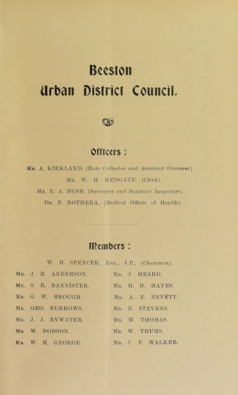 Bccstoti Urban District Council. Offtccrs: Mk. a. KIRKLAND, (Rate Collector and Assistant Overseer Mr. W. H. RKOGATE, (Clerk). •Mr. K. a. bush, (Surveyor and Sanitary Inspector). Dr. F. ROTHERA, (Medical Officer of Health). ntembers: W. H. SPENCER, Esq., J.P., (Chairman). Mr. J. R. ANDERSON. Mr. .1. HEARD. Mr. S. R. BANNISTER. .Mr. H. H. HAYES. .Mr. G. VV. BROUGH. Mr. A. E. NEVETT\ Mr. GEO. BURROWS. Mr. E. STEVENS •Mr. J. J. BYWATER. -Mr. W. THOMAS. Mr W. DODSON. Mr. W. THU MS. Mr. W. H. GEORGE. Mr. C. P. WALKER.
