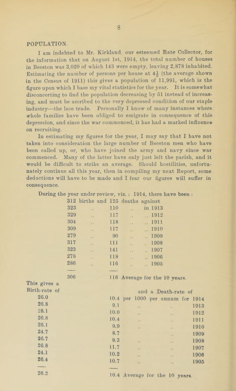 POPULATION. I am indebted to Mr. Kirkland., our esteemed Rate Collector, for the information that on August 1st, 1914, the total number of houses in Beestou was 3,020 of which 143 were empty, leaving 2,878 inhabited. Estimating the number of persons per house at 4^ (the average shown in the Census of 1911) this gives a population of 11,991, which is the figure upon which I base my vital statistics for the year. It is somewhat disconcerting to find the population decreasing by 51 instead of increas- ing, and must be ascribed to the very depressed condition of our staple industry—the lace trade. Personally I know of many instances where whole families have been obliged to emigrate in consequence of this depression, and since the war commenced, it has had a marked influence on recruiting. In estimating my figures for the year, I may say that I have not taken into consideration the large number of Beeston men who have been called up, or, who have joined the army and navy since war commenced. Many of the latter have only just left the parish, and it would be difficult to strike an average. Should hostilities, unfortu- nately continue all this year, then in compiling my next Report, some deductions will have to be made and I fear our figures will suffer in consequence. During the year under review, viz. : 1914, there have been : 312 births and 125 deaths against 323 110 in 1913 329 117 .. 1912 304 118 ,. 1911 309 117 ., 1910 279 90 ,, 1909 317 111 , 1908 323 141 .. 1907 278 118 ,. 1906 286 116 ., 1905 This gives a Birth-rate of 306 116 Average for the 10 years. and a Death-rate of 26.0 10.4 per 1000 per annum for 1914 26.8 9.1 1913 28.1 10.0 1912 26.8 10.4 1911 26.1 9.9 1910 24.7 8.7 1909 26.7 9.3 1908 26.8 11.7 1907 24.1 10.2 1906 26.4 10.7 ,. 1905 26.2 10.4 Average for the 10 years.