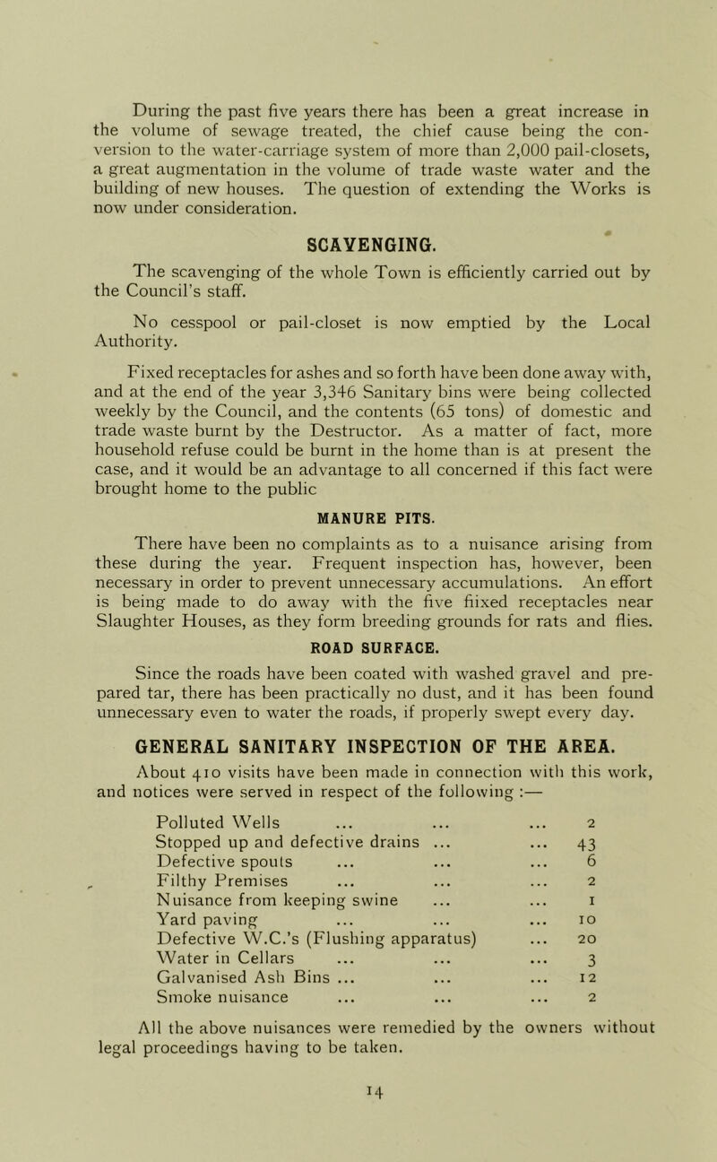 During the past five years there has been a great increase in the volume of sewage treated, the chief cause being the con- version to the water-carriage system of more than 2,000 pail-closets, a great augmentation in the volume of trade waste water and the building of new houses. The question of extending the Works is now under consideration. SCAVENGING. The scavenging of the whole Town is efficiently carried out by the Council’s staff. No cesspool or pail-closet is now emptied by the Local Authority. Fixed receptacles for ashes and so forth have been done away with, and at the end of the year 3,346 Sanitary bins were being collected weekly by the Council, and the contents (65 tons) of domestic and trade waste burnt by the Destructor. As a matter of fact, more household refuse could be burnt in the home than is at present the case, and it would be an advantage to all concerned if this fact were brought home to the public MANURE PITS. There have been no complaints as to a nuisance arising from these during the year. Frequent inspection has, however, been necessary in order to prevent unnecessary accumulations. An effort is being made to do away with the five fiixed receptacles near Slaughter Houses, as they form breeding grounds for rats and flies. ROAD SURFACE. Since the roads have been coated with washed gravel and pre- pared tar, there has been practically no dust, and it has been found unnecessary even to water the roads, if properly swept every day. GENERAL SANITARY INSPECTION OF THE AREA. About 410 visits have been made in connection with this work, and notices were served in respect of the following :— Polluted Wells ... 2 Stopped up and defective drains ... ••• 43 Defective spouts 6 Filthy Premises 2 Nuisance from keeping swine I Yard paving ... 10 Defective W.C.’s (Flushing apparatus) 20 Water in Cellars 3 Galvanised Ash Bins ... ... 12 Smoke nuisance 2 All the above nuisances were remedied by the owners without legal proceedings having to be taken.