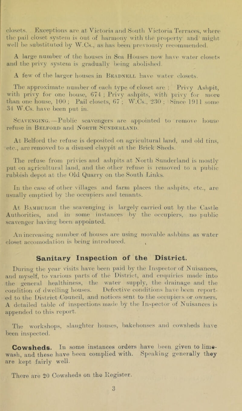closets. Exceptions are at Victoria and South Victoria Terraces, where the pail closet system is out of harmony with the property and might well he substituted by W.Cs., as has been previously recommended. A large number of the houses in Sea Houses now have water closets and the privy system is gradually being abolished. A few of the larger houses in Bhadnkll have water closets. The approximate number of each type of closet are : Privy Ashpit, with privy for one house, 674 ; Privy ashpits, with privy for more than one house, 100; Pail closets, 67 ; W.Cs., 230 ; Since 1011 some 34 W.Cs. have been put in. Scavenging.—Public scavengers are appointed to remove house refuse in Bedford and North Sunderland. At Belford the refuse is deposited on agricultural land, and old tins, etc., are removed to a disused claypit at the Brick Sheds. The refuse from privies and ashpits at North Sunderland is mostly put on agricultural land, and the other refuse is removed to a public rubbish depot at the Old Quarry on the South Links. In the case of other villages and farm places the ashpits, etc., are usually emptied by the occupiers and tenants. At Bamburgii the scavenging is largely carried out by the Castle Authorities, and in some instances by the occupiers, no public scavenger having been appointed. An increasing number of houses are using movable ashbins as water closet accomodation is being introduced. , Sanitary Inspection of the District. During tbe year visits have been paid by ihe Inspector of Nuisances, and myself, to various parts of the District, and enquiries made into the general healthiness, the water supply, the drainage and the condition of dwelling houses. Defective conditions have been report- ed to the District Council, and notices sonr to the occupiers or owners. A detailed table of inspections made by the Inspector of Nuisances is appended to this report. The workshops, slaughter houses, bakehouses and cowsheds have been inspected. Cowsheds. In some instances orders have been given to lime- wash, and these have been complied with. Speaking generally they are kept fairly well. There are 20 Cowsheds on the Register.