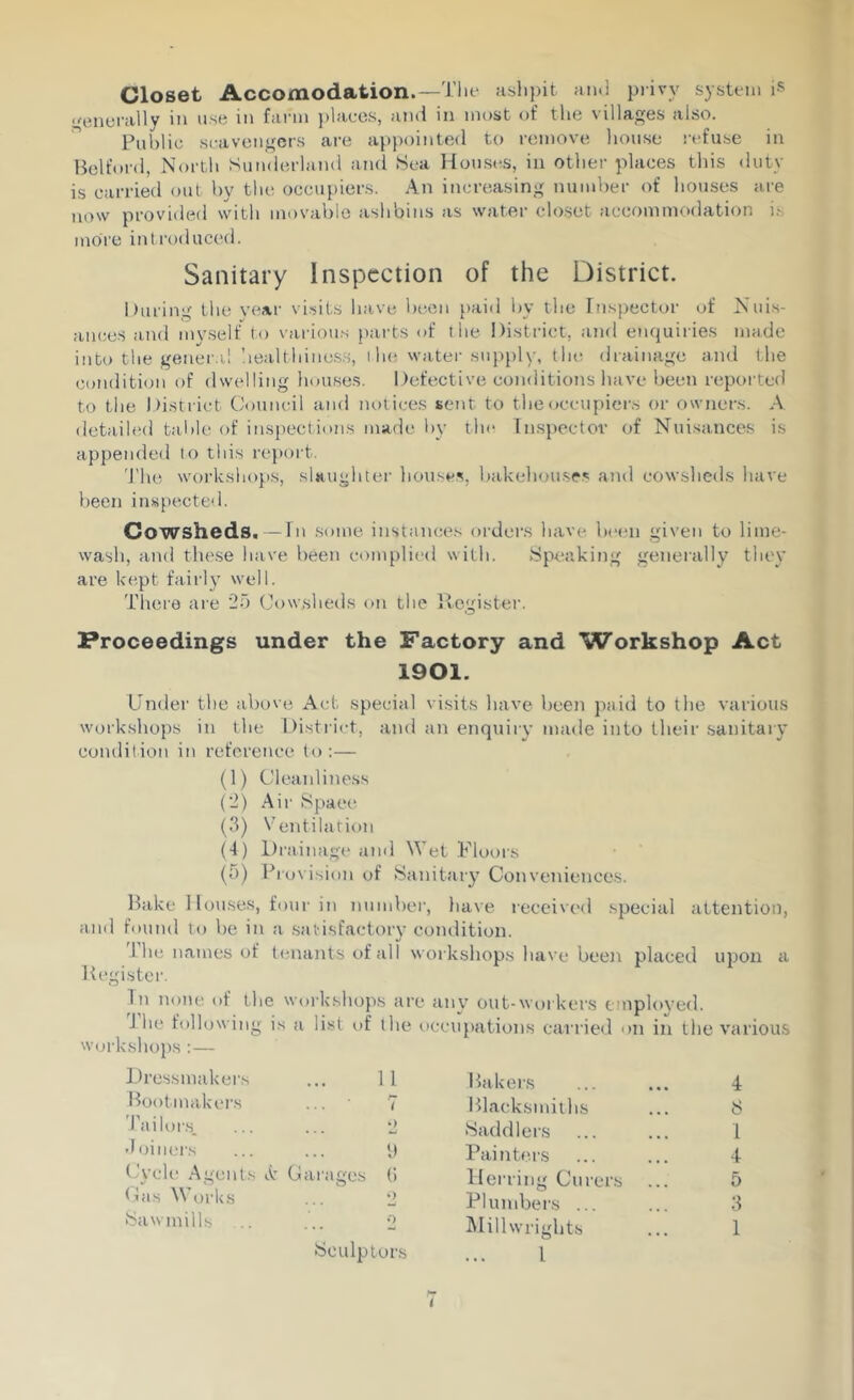 Closet Accomodation.—Tilt- aslipit an.i piiry system is '-■enerally in use in fai-m j)laces, and in most of the villages also. Public scaven^fcrs are api)ointed to remove liouse refuse in Pelford, North Sunderland and Sea Houses, in otlier places tliis duty is carried out by the occupiers. An increasing number of liouses are now provided with movable ashbins as water clo.set accommodation i.s more introduced. Sanitary Inspection of the District. huring the year vi.sit.s have been paid by the Inspector of Nuis- ance.s and myself to various parts of the District, and enquiries made into the gener.il liealthine.ss, i h(! water supply, tlu; di ainage and the condition of dwelling houses. 1 )efective conditions have been reported to the District Council and notices sent to theoeenpiers or owners. A detailed tal)le of inspections made l)y the Inspeetov of Nuisances is appended to this report. 'i’he worksliops, slaughter hou.ses, hakelKni.se.s and cowsheds have been inspected. Cowsheds. — In some instances orders liave been given to lime- wash, and these have been complied with. Speaking generally they are kept faii'ly well. There are 2o Cowsheds on the llegister. Proceedings under the Factory and Workshop Act 1901. Under the above Act special visits liave been jiaid to the various workshops in the District, and an enquiry made into tlieir sanitary condition in reference to :— (1) Cleanliness (2) .Air Space (3) Ventilation (•1) Drainage and Wet Floors (5) Provision of Sanitary Conveniences. Hake Houses, four in numbei', have leceived .special attention, and found to be in a .satdsfactory condition. Ihe names of tenants of all \\ orksliops liave been placed upon a Register. In none of the workshops are tiny out-workers tmploved. J he following i.s a li.sl of the oeeiipations carried on in the various woi’kshops ;— Dressmakers 1 1 Rakers 4 l^ootmakei's i IHaeksmillis 8 'railor.s. ■> Saddlers 1 -loiiiers Painters 4 (A'cle Agents A’ Garages () Herring Curers 5 Gas Works ‘) Plumbers ... 3 Sawmills •') IMillwriglits 1 Sculptors ... 1 i
