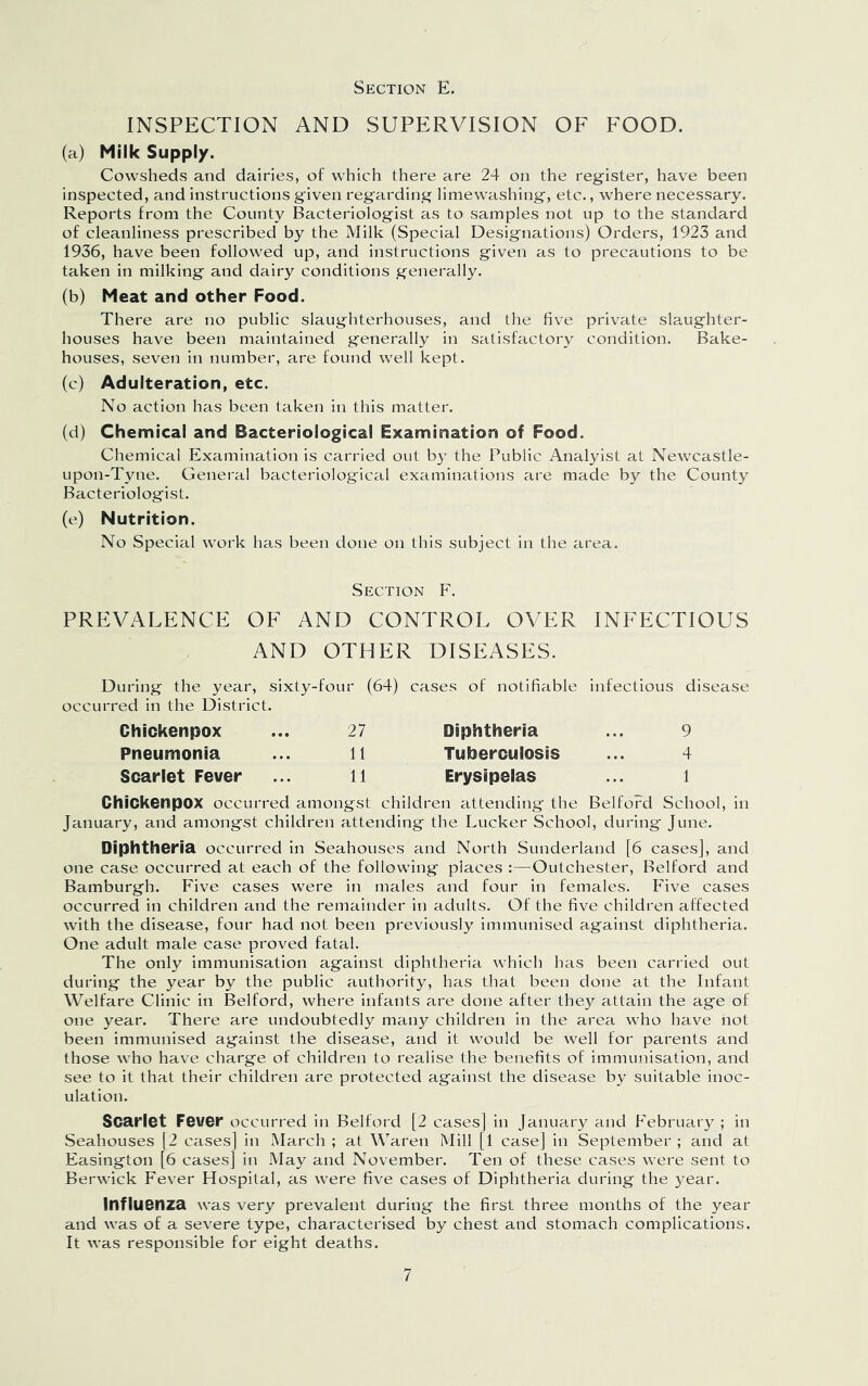 INSPECTION AND SUPERVISION OF FOOD. (a) Milk Supply. Cowsheds and dairies, of which there are 24 on the register, have been inspected, and instructions given regarding limewashing, etc., where necessary. Reports from the County Bacteriologist as to samples not up to the standard of cleanliness prescribed by the Milk (Special Designations) Orders, 1923 and 1936, have been followed up, and instructions given as to precautions to be taken in milking and dairy conditions generally. (b) Meat and other Food. There are no public slaughterhouses, and the five private slaughter- houses have been maintained generally in satisfactory condition. Bake- houses, seven in number, are found well kept. (c) Adulteration, etc. No action has been taken in this matter. (d) Chemical and Bacteriological Examination of Food. Chemical Examination is carried out by the Public Analyist at Newcastle- upon-Tyne. General bacteriological examinations are made by the County Bacteriologist. (e) Nutrition. No Special work has been done on this subject in the area. Section F. PREVALENCE OF AND CONTROL OVER INFECTIOUS AND OTHER DISEASES. During the year, sixty-four (64) cases of notifiable infectious disease occurred in the District. Chickenpox 27 Diphtheria 9 Pneumonia 11 Tuberculosis 4 Scarlet Fever 11 Erysipelas 1 Chickenpox occurred amongst children attending the Belford School, in January, and amongst children attending the Lucker School, during June. Diphtheria occurred in Seahouses and North Sunderland [6 cases], and one case occurred at each of the following places :—Outchester, Belford and Bamburgh. Five cases were in males and four in females. Five cases occurred in children and the remainder in adults. Of the five children affected with the disease, four had not been previously immunised against diphtheria. One adult male case proved fatal. The only immunisation against diphtheria which has been carried out during the year by the public authority, has that been done at the Infant Welfare Clinic in Belford, where infants are done after they attain the age of one year. There are undoubtedly many children in the area who have not been immunised against the disease, and it would be well for parents and those who have charge of children to realise the benefits of immunisation, and see to it that their children are protected against the disease by suitable inoc- ulation. Scarlet Fever occurred in Belford [2 cases] in January and February ; in Seahouses [2 cases] in March ; at Waren Mill [1 case] in September ; and at Easington [6 cases] in May and November. Ten of these cases were sent to Berwick Fever Hospital, as were five cases of Diphtheria during the year. Influenza was very prevalent during the first three months of the year and was of a severe type, characterised by chest and stomach complications. It was responsible for eight deaths.