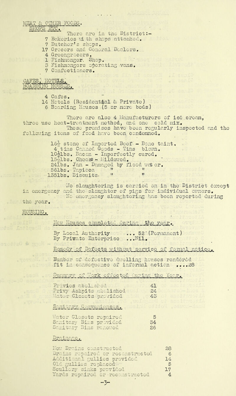 MEAT & OTHER FOODS. SHOPS ETC, Thoro arc in the District:- 7 Bakeries v.i tli shops attached. 7 Butcher*s shops. 17 Grocers ancl General Dealers, 4 Greengrocers, 1 Fishmonger. Shop. 3 Fishmongers operating vans, 7 Confectioners. cafes;- hotels, BOARDING HOUSES. 4 Cafes, 14 Hotels (Residential & Private) 6 Boarding Houses (5 or more beds) There are also 4 Manufacturers of ice cream, three use lieat-trcatment method, and one cold mix. These premises have been regularly inspected and the following items of food have been condemned. 16-ijf stone of Imported Beef - Bono taint, 4 tins Canned Goods - Tins blown. 10-|-lbs, Bacon - Imperfectly cured, 15-g-lbs. Checso - Mildewed. 241bs, lam - Damaged by flood T/afc or. 561bs. Te.pioca   1351bs. Biscuits. s? in emergency the year. Ho slaughtering is carried on in the District except and the slaughter of pigs for individual owners. No emergency slaughtering has been reported during HOUSING. Hew Houses completed during t.he year. By Local Authority ... 52'(Permanent) By Private Enterprise ...Nil, Remedy of Defects without service of formal notice,., Humber of defective dwelling houses rendered fit in consequence of informal action ,..,28 ■Summary of Fork effected during the fear. Privies abolished 41 Privy Ashpits abolished 24 .Tatc-r Closets provided 43 Smiinry Conveniences. Hater Closets repaired 5 Sanitary Bm.s provided 34 Sanitary Bins renewed 26 Drainage. Hew Drains constructed Drains repaired or reconstructed Additional gullies provided 01d gullie s re piacod Scullery sinks provided Hards repaired cr -reconstructed -3- 28 6 14 5 17 4