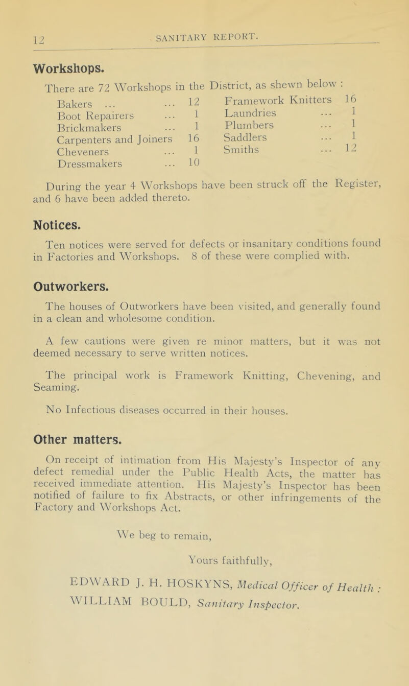 Workshops. There are 72 Workshops in the District, as shewn below : Bakers ... 12 F'raniework Knitters Boot Repairers I Laundries Brickmakers 1 Plumbers Carpenters and Joiners 16 Saddlers Cheveners 1 Smiths Dressmakers 10 During the year 4 Workshops have been struck off the Register, and 6 have been added thereto. Notices. Ten notices were served for defects or insanitary conditions found in Factories and Workshops. 8 of these were complied with. Outworkers. The houses of Outworkers have been visited, and generally found in a clean and wholesome condition. A few cautions were given re minor matters, but it was not deemed necessary to serve written notices. The principal work is Framework Knitting, Chevening, and Seaming. No Infectious diseases occurred in their houses. Other matters. On receipt of intimation from His Majesty’s Inspector of any defect remedial under the Public Health Acts, the matter has received immediate attention. His Majesty’s Inspector has been notified of failure to fix Abstracts, or other infringements of the Factory and Workshops Act. We beg to remain. Yours faithfully, EDWARD J. H. 1 lOSKYNS, Mcl.cl Officer of Health : \\ILLIAM HOI'ED, Sanitary Inspector.