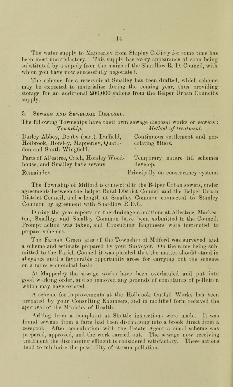 u Tlie water supply to Mapperlny from Kliipley Colliiuy fr some time lias been most unsatisfactory. Tlii.s supply lias eviuy appearance of soon being substitut<‘(l by a sup|ily from tlie mains of tlie SlianJIow R. IJ. Cniincil, with whom you have now successfully negotiated. The scheme for a reservoir at Smalley has been drafted, which scheme may he ex|»ected to materialise during the coming year, thus jiroviding storage for an additional 200,000 gallons from the Helper Urban Council’s supply. 3. Sewage and Sewerage TRsposad. The following Townships have their own Towiuhip. Darley Abbey, Denhy (part), Duffield, Holbrook, Horsley, Mapperley, Quar i- don and South Wingfield. Parts of Al'estree, Cricli, Horsley Woud- house, and Smalley have sewers. Remainder. I sewage disposal works or sewers : Method of treatment. Continuous settlement and per- colating filters. Tem|iorary nature till schemes develop. Principally on conservancy .system. The Township of Milford is connechd to the Belper Urban sewers, under agreement-' between the Belper Rural District Council and the Belper Urban Distiict Council, and a length at Smalley Common connected to Stanley Common by agreement with Sliardlow R. D.C. During the year reports on the drainage conditions at Allestree, Markea- ton, Smalley, and Smalley Common have been submitted to the Council. Promiit action was taken, and Consulting Engineers wore instructed to [irepare schemes. The Farnali Green area of the Township of Milford was surveyed and a scheme and estimate prepared by your Suiveyor. On the same lieing sub- mitted to the Parish Council it was pleaded that the matter should stand in abeyance until a favourable opportunity arose for carrying out the scheme on a more economical hasi.^. At Mapperlej’ the sewage works have been oveihauleil and put into good working order, and so removed aiij' grounds of complaints of pollution which may have existed. A scheme for improvements at the Holbrook Outfall Works has been prepared by your Consulting Engineers, and in modifie<l form received the approval of the Mini.-try of Health. Arising from a comiilaint at vShottle inspections were made. It was found sewage fiom a farm had been di>charging into a brook direct from a ce.sspool. After consultation with the Estate Agent a small scheme was prepared, ajiproved, and the work carried out. The sewage now receiving treatment the discharging eflluent is considered satisfactory. These actions tend to minimi.-e the possil.ility of stream pollution.