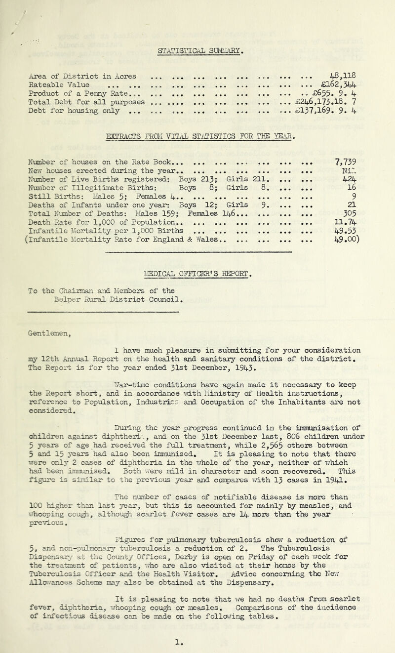 STATISTICAL SUl/BLiHY iurea of District in Acres 4B,118 Rateable Value ... .0. ... ... £162,34^ Product of a Penny Rate... ... ... .. £655. 9.4 TotaQ. Debt for all purposes ... £246,173.18. 7 Debt for housing only ... ... £137,169. 9. 4 EXTRACTS PROM VITaL STiiTISTICS POR THE Number of houses on the Rate Book ... 7,739 New houses erected during the year ... ... Nil Nmber of Live Births registered: Boys 213; G-irls 211 424 Number of Illegitimate Births: Boys 8; Girls 8 I6 Still Births: i.Iales 5; Females A. ••• 9 Deaths of Infants under one year; Boys 12; Girls 9 21 Total Number of Deaths: Males 159; Females 146... ... ... ... 305 Death Rate for 1,000 of Population.. 11.74 Infantile Mortality per 1,000 Births ... ... 49.55 (infantile Mortsility Rate for England & Wales.. ... 49*00) MEDICAL OFFICER'S REPORT. To the Gnaiiman and Members of the Belper Rural District Council, Gentlemen, I have much pleasure in submitting for your consideration my 12th Annual Report on the heailth and sanitary conditions of the district. The Report is for the year ended 31st December, 1943. War-time conditions have again made it necessary to keep the Report short, and in accordance with Ministry of Health instructions, reference to Population, Industricv; and Occupation of the Inhabitants are not considered. During the year progress continued in the immunisation of children against diphtheri., and on the 31st December last, 8O6 children under 5 years of age had received the full treatment, while 2,565 others between 5 and 15 years had also been immunised. It is pleasing to note that there were only 2 cases of diphtheria in the whole of the year, neither of v/hich had been immunised. Both were mild in character and soon recovered. This figure is similar to the previous year and conpares \7ith I3 cases in 1941. The number of cases of notifiable disease is more than 100 higher than last year, but this is accounted for mainly by measles, and whooping ccu^, although scarlet fever cases are L4- more than the year previous. Fig>ures for pulmonary tuberculosis show a reduction Qf 5, and non-pul monary tuberculosis a redxiction of 2, The Tuberculosis Dispensarp^ at the Coiinty Offices, Derby is open on Friday of each ¥/eek for the treatment of patients, who are also visited at their homes by the Tuberc'olcsis Officer and the Headth Visitor, Advice concerning the Ne^/ Allcfr-’ances Scheme may also be obtained at the Dispensary, It is pleasing to note that ¥7e had no deaths from scarlet fever, diphtheria, whooping cou^ or meeLsles, Gonparisons of the incidence of infectious disease can be made on the follovving tables.