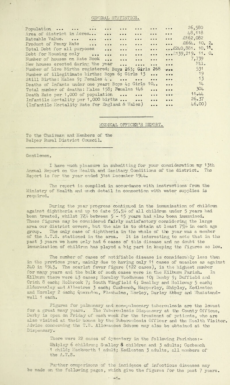 GBI'TEEiJj STATISTICS. Populsftion .»• ... ... ..• Area of district in Acres Rateable Vcdue. ... ••« ... Product of Penny Rate ,,, ... ... Total Debt for all purposes Debt for Housing only Number of houses on Rate Book ,,, ... ,,, New houses erected during the year Number of Live Births registered: Boys 263; G-irls Number of illegitimate births: Boys 6; Cirls 13 Still Births: Males 9; females 4. ••• ••• Deaths of Infants under one year: Boys 4; Girls 1 Total number of deaths: M.ales 158; Females 146 Death Rate per 1,000 of population Infantile Mortality i^er 1,000 births ... . (infantile Mortality Rate for England & ¥aies) 268 • • • # • • 0.. • • • • • • 26,580 48,118 £162,082 £664. 10. 2. £240,881. 10.1-1. £139,219. 11. 0. 7,739 Nil. 531 19 13 14 304 26.37 46.00) iffiDICAL OFFICER’S REPORT. To the Chairman and Merabers of the Belper Rural District Council. Gentlemen, - • I have much pleasure in submitting for your consideration my 13th iinnual Report on the Health, and:Eanitary..Conditions of the district. Tlie Report is for the year ended 31 sf Deceraber 1944. The report is compiled, in. accordance -vrith instructions' from the Ministry of Health and. much detail in connection with water supplies is required. During the year progress Continued in the immunisation of childi'en against diphtheria and up to date 55.5% of all children under 5 years had been treated, .v/hilst 72% between 5-15 years had .also been immunised. These figures may be considered fairly satisfactory considering the large area our ..district covers, but the aim is to obtain at least 75% i-u each age group. The only case of diph-theria in the -v/hole of the year v^/^as a member of the A.T.S. stationed in the area. It is interesting to note that in the past’ 3 years we have only had 6 cases of this disease and no doubt the immunisation of children has played a big part in keeping the figures so low. The number of cases of notifiable disease is considerably less than in the previous year, mainly due to having only 11 cases of measles as against 240 in 1943. The scarlet fever figure (l22 cases), is the hipest n\amber for many years and the bulk of such.cases were in the Kilbum Parish. In Kilbum there were 43 cases; Horsley ¥oodhouse 10; Denby 9; Duffield and Crich 8 each; Holbrook 7; South ''?/'ingf ield. 6; Smalley and Holloway 5 each; Alder-Ausley and AMlestree 3 each; Coxbench, Mapperley, Shipley, Kedleston and Horsley 2 each; Quaiudon, Fla.xholme, Morley, Parley Abbey and lAiatstand- well 1 each. Figures for pulmonany and non-pulmonary tubei-culosis are the Icrwest for a great many yeans. The Tubei-culosis Dispensary at tte County Off ices, Derby is open on Friday of each week for the treatment of patients, v/ho are also visited at. their homes by the Tuberculosis Officer and the Health Visitor. Advice concerning the T.B. Allavances Schefie may also be obtained at the Dispensary. There were 22 cases of dj^sentery in the following Pa.rishes:- Shipley 6 children; S-'.-ialley 8 children and 3 adults; Coxbench 1 child; MackiTOrth 1 adult; Kedleston 3 adults, all members of the A.T.S. Further comparisons of the incidence of infectious diseases may be made on the following pages, y/hich give the figures for the past 7 years.