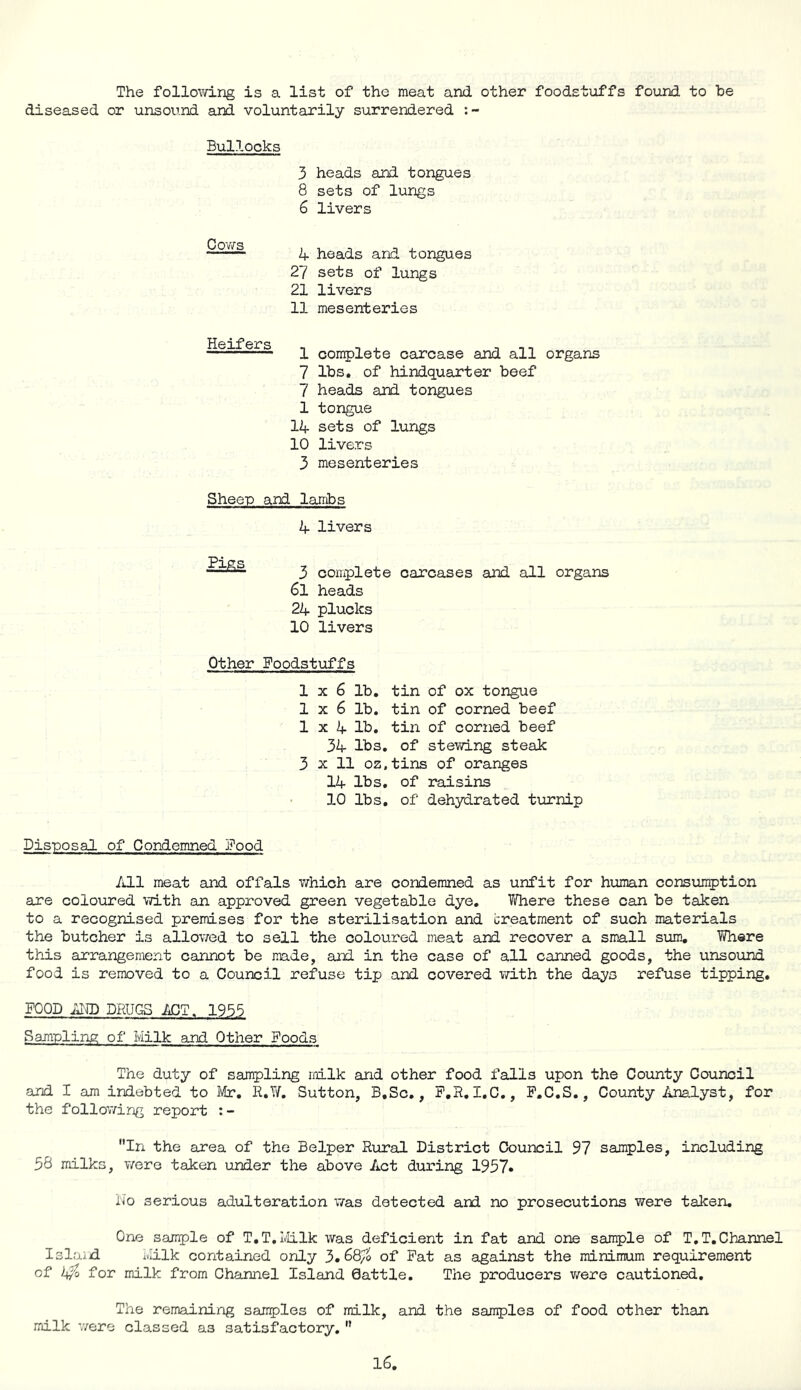 The following is a list of the meat and other foodstuffs found to be diseased or unsound and voluntarily surrendered Bullocks 3 heads and tongues 8 sets of lungs 6 livers Cows 4 heads and tongues 27 sets of lungs 21 livers 11 mesenteries Heifers 1 complete carcase and all organs 7 lbs. of hindquarter beef 7 heads and tongues 1 tongue 14 sets of lungs 10 livers 3 mesenteries Sheep and lambs 4 livers —3 complete carcases and all organs 6l heads 24 plucks 10 livers Other Foodstuffs 1x6 lb. tin of ox tongue 1x6 lb. tin of corned beef 1x4 lb. tin of corned beef 34 lbs. of stewing steak 3 x 11 oz.tins of oranges 14 lbs. of raisins 10 lbs. of dehydrated turnip Disposal of Condemned Food All meat and offals which are condemned as unfit for human consumption are coloured with an approved green vegetable dye. Yifhere these can be taken to a recognised premises for the sterilisation and creatment of such materials the butcher is allowed to sell the coloured meat and recover a small sum. Where this arrangement cannot be made, and in the case of all canned goods, the unsound food is removed to a Council refuse tip and covered with the days refuse tipping. FOOD AND DRUGS ACT. 1955 Sampling of Milk and Other Foods The duty of sampling milk and other food falls upon the County Council and I am indebted to Mr. R.Yi. Sutton, B.Sc., F.R.I.C., F.C.S., County Analyst, for the following report :- In the area of the Belper Rural District Council 97 samples, including 58 milks, were taken under the above Act during 1957* No serious adulteration was detected ard no prosecutions were taken. One sample of T.T.Milk was deficient in fat and one sample of T.T. Channel Island Milk contained only 3. 68^0 of Fat as against the minimum requirement of l^o for milk from Channel Island Cattle. The producers were cautioned. The remaining samples of milk, ard the samples of food other than milk were classed a3 satisfactory.