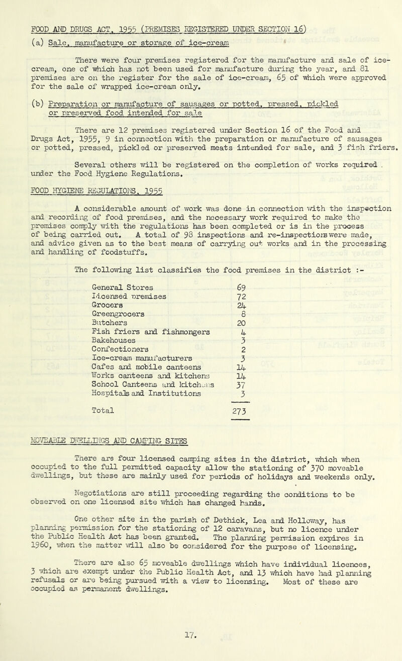 FOOD AND DRUGS ACT. 1955 (PREMISES REGISTERED UNDER SECTION 16) (a) Sale, manufacture or storage of ice-cream There were four premises registered for the manufacture and sale of ice- cream, one of which has not been used for manufacture during the year, and 81 premises are on the register for the sale of ice-cream, 65 of which were approved for the sale of wrapped ice-cream only, (b) Preparation or manufacture of sausages or potted, pressed, pickled or preserved food intended for sale There are 12 premises registered under Section 16 of the Food and Drugs Act, 1955, 9 in connection with the preparation or manufacture of sausages or potted, pressed, pickled or preserved meats intended for sale, and 3 fish friers. Several others will be registered on the completion of works required . under the Food Hygiene Regulations. FOOD HYGIENE REGULATIONS. 1935 A considerable amount of work was done in connection with the inspection and recording of food premises, and the necessary work required to make the premises comply with the regulations has been completed or is in the process of being carried out, A total of 98 inspections and re-inspections were made, and advice given as to the best means of carrying out works and in the processing and handling of foodstuffs. The following list classifies the food premises in the district :- General Stores 69 licensed oremises 72 Grocers 21+ Greengrocers 8 Butchers 20 Fish friers and fishmongers A Bakehouses 3 Confectioners 2 Ice-cream manufacturers 3 Cafes and mobile canteens 14 Works canteens and kitchens 14 School Canteens and kitchens 37 Hospitals and Institutions 3 Total 273 MOVEABLE D7ELLHTGS AND CAMPING SITES There are four licensed canping sites in the district, which when occupied to the full permitted capacity allow the stationing of 370 moveable dwellings, but these are mainly used for periods of holidays and weekends only. Negotiations are still proceeding regarding the conditions to be observed on one licensed site which has changed hands. One other site in the parish of Dethick, Lea and Holloway, has planning permission for the stationing of 12 caravans, but no licence under the Public Health Act has been granted. The planning permission expires in I960, when the matter will also be considered for the purpose of licensing. There are also 65 moveable dwellings 'which have individual licences, 3 which are exempt under the Public Health Act, and 13 which have had planning refusals or are being pursued with a view to licensing. Most of these are occupied as permanent dwellings.