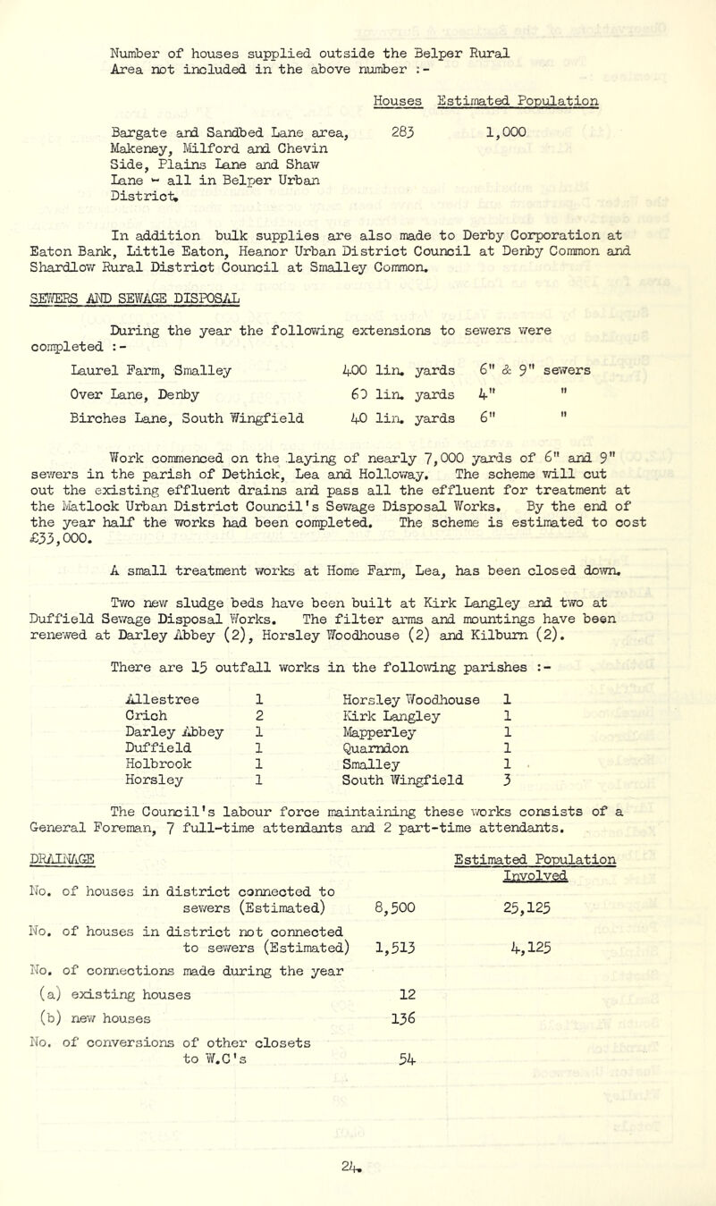 Number of houses supplied outside the 3elper Rural Area not included in the above number Houses Estimated Population Bargate and Sandbed Lane area, 283 1,000 Makeney, Milford and Ghevin Side, Plains Lane and Shaw Lane ~ all in Belper Urban District, In addition bulk supplies are also made to Derby Corporation at Eaton Bank, Little Eaton, Heanor Urban District Council at Deriby Common and Shardlow Rural District Council at Smalley Common. SEWERS AND SEWAGE DISPOSAL During the year the following extensions to completed :- Laurel Farm, Smalley 400 lin. yards Over Lane, Denby 60 lin. yards Birches Lane, South Wingfield 40 lin, yards sewers were 6 & 9 sewers 4” » 6” Work commenced on the laying of nearly 7,000 yards of 6 and 9 sewers in the parish of Dethick, Lea and Holloway. The scheme will cut out the existing effluent drains and pass all the effluent for treatment at the Matlock Urban District Council's Sewage Disposal Works. By the end of the year half the works had been completed. The scheme is estimated to cost £33,000. A small treatment works at Home Farm, Lea, has been closed down. Two new sludge beds have been built at Kirk Langley and two at Duffield Sewage Disposal Works. The filter arms and mountings have been renewed at Darley Abbey (2), Horsley Woodhouse (2) and Kilbum (2). There are 15 outfall works in the following parishes Allestree 1 Crich 2 Darley Abbey 1 Duffield 1 Holbrook 1 Horsley 1 Horsley Woodhouse 1 lark Langley 1 Mapperley 1 Quarndon 1 Smalley 1 South Wingfield 3 The Council’s labour force maintaining these works consists of a General Foreman, 7 full-time attendants and 2 part-time attendants. DRAINAGE Estimated Population No. of houses in district connected to sewers (Estimated) 8,500 Involved 25,125 No. of houses in district not connected to sewers (Estimated) 1,513 4,125 No. of connections made during the year (a) existing houses 12 (b) new houses 136 No. of conversions of other closets to W.C's 54