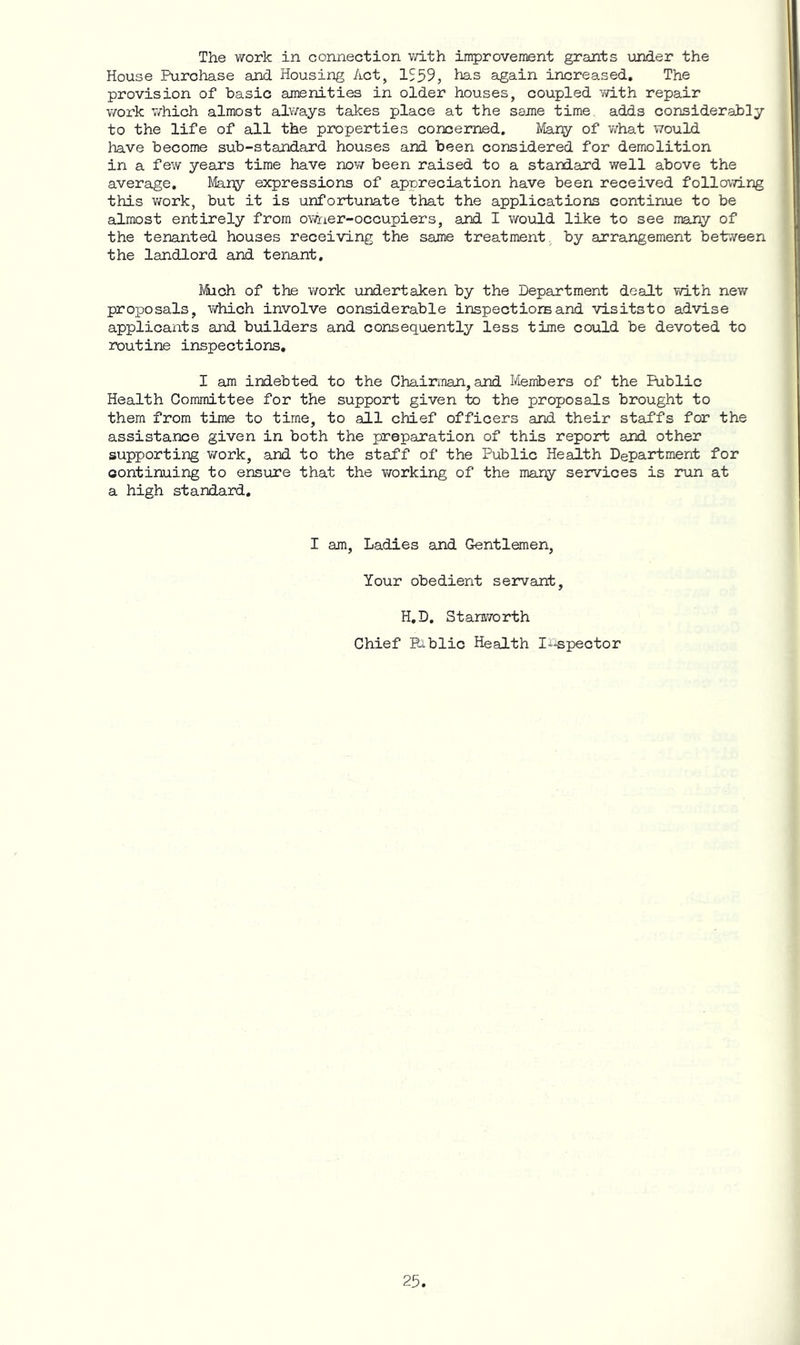 The work in connection v/ith improvement grants under the House Purchase and Housing Act, IS59, has again increased. The provision of basic amenities in older houses, coupled vdth repair v/ork which almost always takes place at the same time adds considerably to the life of all the properties concerned. Many of v/hat would have become sub-standard houses and been considered for demolition in a few years time have nov/ been raised to a standard well above the average. Many expressions of appreciation have been received following this v/ork, but it is unfortunate that the applications continue to be almost entirely from ovAier-occupiers, and I would like to see many of the tenanted houses receiving the same treatment, by arrangement beir/veen the landlord and tenant. Much of the work undertaken by the Department dealt with new proposals, which involve considerable inspectiorsand visitsto advise applicants and builders and consequently less time could be devoted to routine inspections, I am indebted to the Chairman, and Members of the Public Health Committee for the support given to the proposals brought to them from time to time, to all chief officers and their staffs for the assistance given in both the preparation of this report and other supporting work, and to the staff of the Public Health Department for continuing to ensure that the working of the many services is run at a high standard, I am. Ladies and Gentlemen, Your obedient servant, H,D. Stanworth Chief Phblic Health I-spector