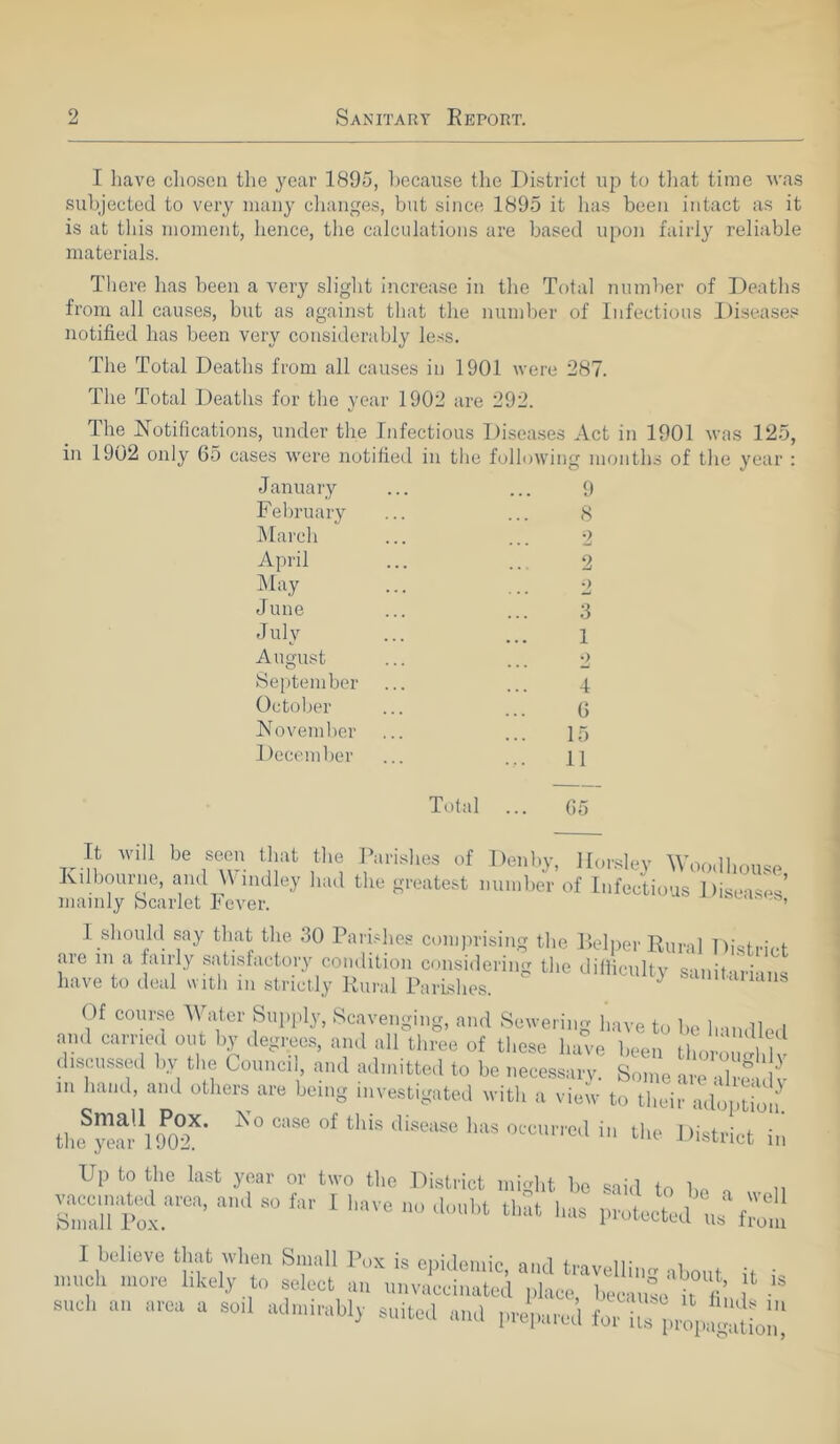 I have chosen the year 1895, because the District up to that time was subjected to very many changes, but since 1895 it has been intact as it is at this moment, hence, the calculations are based upon fairly reliable materials. There has been a very slight increase in the Total number of Deaths from all causes, but as against that the number of Infectious Diseases notified has been very considerably less. The Total Deaths from all causes in 1901 were 287. The Total Deaths for the year 1902 are 292. The Notifications, under the Infectious Diseases Act in 1901 was 125, in 1902 only 65 cases were notified in the following months of the year : J anuary 9 February 8 March 9 • • • • . • — April 2 May 2 June 3 July 1 August 2 September 4 October 6 November 15 December 11 Total ... 65 It will be seen that the Parishes of Denby, Horsley Woodhouse Ivilbourne, and Windley had the greatest number of Infectious Diseases mainly Scarlet Fever. ^ 1 should say that the 30 Parishes comprising the Helper Rural District are m a fairly satisfactory condition considering the difficulty sanit-i.-; have to deal with in strictly Rural Parishes.  3 sanitarians Of course Water Supply, Scavenging, and Sewering have to be handled and carried out by degrees, and all three of these have been tin v ‘l 1 discussed by the Council, and admitted to be necessary. Some are i'l in hand, and others are being investigated with a view to their adoption thifyear\902^* ^ °f ^ diSeaS® has 0ccun'ed in the District in Up to the last year or two the District miht be said tn V n St M,d S° 1 l,aV6 “ Fotected Uftol I believe that when Small Pox is epidemic, and travelling about it ; much more likely to select an unvaceinated place, heean“se i, ’ sucl, an area a sod admirably suited and prepared tor Us prop.®.Mon!