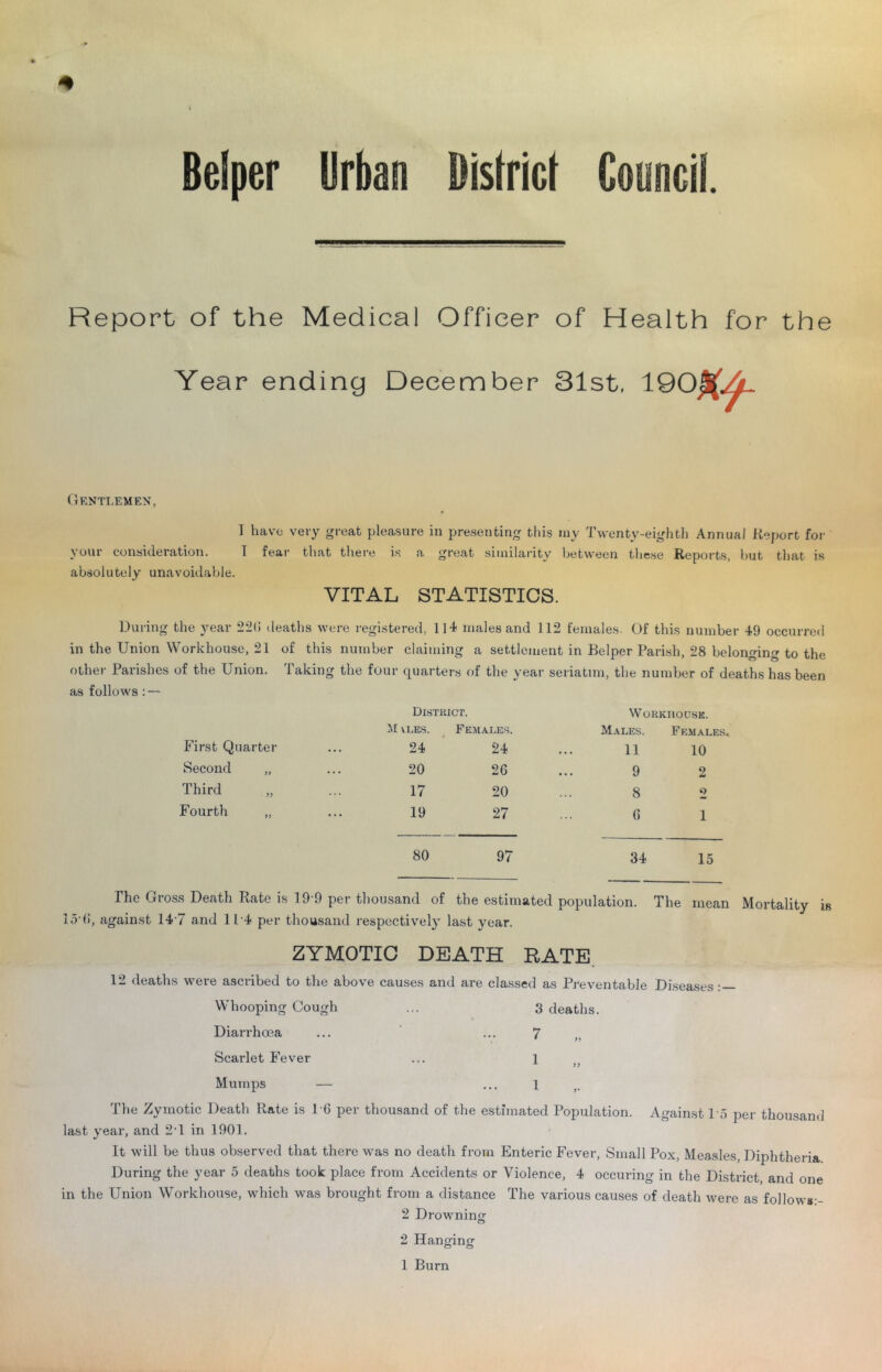 Beiper Urban District Council. Report of the Medical Officer of Health for the Year ending December 31st, . Gentlemen, I have very great pleasure in presenting this my Twenty-eighth Annual Report for your consideration. I fear that there is a great similarity between these Reports, but that is absolutely unavoidable. VITAL STATISTICS. During the year 22(5 deaths were registered, 114 males and 112 females. Of this number 49 occurred in the Union Workhouse, 21 of this number claiming a settlement in Beiper Parish, 28 belonging to the other Parishes of the Union. Taking the four quarters of the year seriatim, the number of deaths has been as follows: — District. Workhouse. M U_.ES. Females. Males. Females. First Quarter 24 24 11 10 Second „ 20 26 9 2 Third „ 17 20 8 2 Fourth „ 19 27 6 1 80 97 34 15 The Gross Death Rate is 19 9 per thousand of the estimated population. The mean 15'(5, against 14 7 and 1 P4 per thousand respectively last year. ZYMOTIC DEATH RATE 12 deaths were ascribed to the above causes and Whooping Cough Diarrhoea Scarlet Fever Mumps — are classed as Preventable 3 deaths. 1 1 >• Diseases: — The Zymotic Death Rate is 16 per thousand of the estimated Population. Against 15 per thousand last year, and 2'1 in 1901. It will be thus observed that there was no death from Enteric Fever, Small Pox, Measles, Diphtheria During the year 5 deaths took place from Accidents or Violence, 4 occuring in the District, and one in the Union Workhouse, which was brought from a distance The various causes of death were as followg-- 2 Drowning 2 Hanging 1 Burn