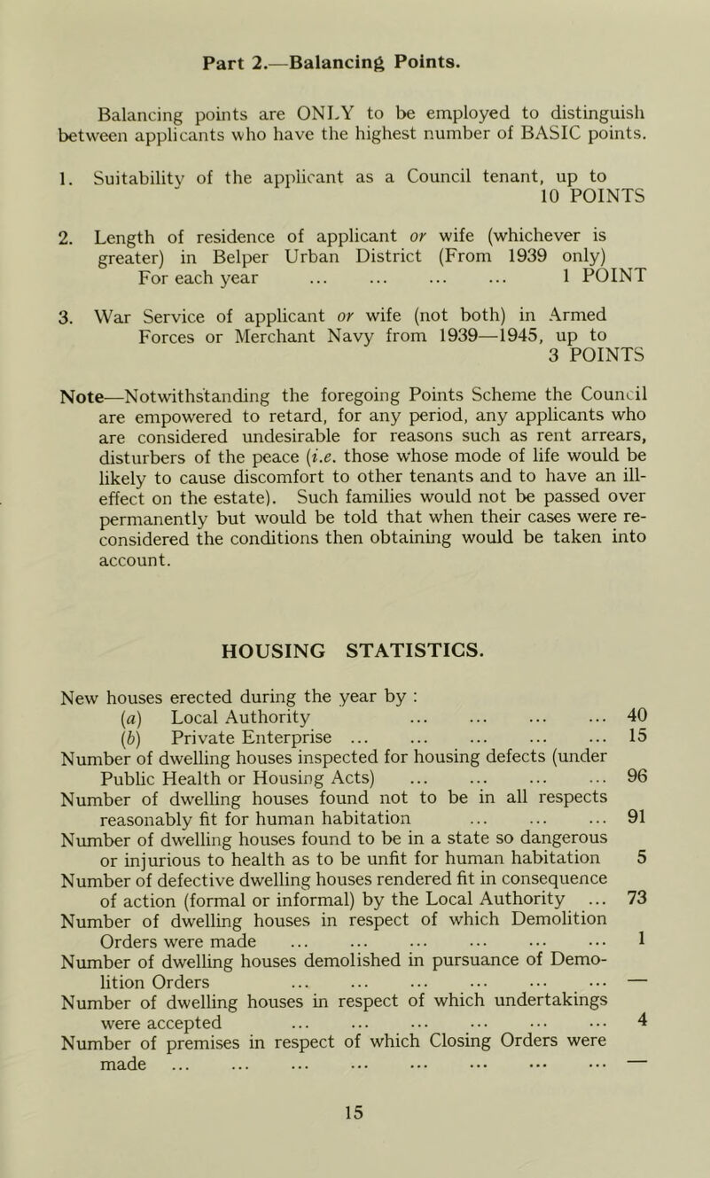 Part 2.—Balancing Points. Balancing points are ONLY to be employed to distinguish between applicants who have the highest number of BASIC points. 1. Suitability of the applicant as a Council tenant, up to 10 POINTS 2. Length of residence of applicant or wife (whichever is greater) in Belper Urban District (From 1939 only) For each year ... ... ... ... 1 POINT 3. War Service of applicant or wife (not both) in Armed Forces or Merchant Navy from 1939—1945, up to 3 POINTS Note-—Notwithstanding the foregoing Points Scheme the Council are empowered to retard, for any period, any applicants who are considered undesirable for reasons such as rent arrears, disturbers of the peace {i.e. those whose mode of life would be likely to cause discomfort to other tenants and to have an ill- effect on the estate). Such families would not be passed over permanently but would be told that when their cases were re- considered the conditions then obtaining would be taken into account. HOUSING STATISTICS. New houses erected during the year by : {a) Local Authority 40 {b) Private Enterprise ... ... ... ... ... 15 Number of dwelling houses inspected for housing defects (under Public Health or Housing Acts) 96 Number of dwelling houses found not to be in all respects reasonably fit for human habitation ... ... ... 91 Number of dwelling houses found to be in a state so dangerous or injurious to health as to be unfit for human habitation 5 Number of defective dwelling houses rendered fit in consequence of action (formal or informal) by the Local Authority ... 73 Number of dwelling houses in respect of which Demolition Orders were made ... ... ... ... ... • • • 1 Number of dwelling houses demolished in pursuance of Demo- lition Orders Number of dwelling houses in respect of which undertakings were accepted Number of premises in respect of which Closing Orders were made