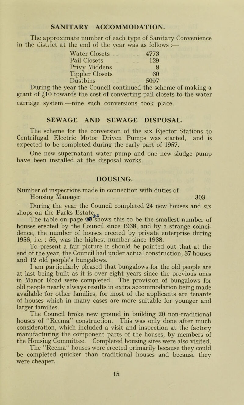 SANITARY ACCOMMODATION. The approximate number of each type of Sanitary Convenience in the strict at the end of the year was as follows :— Water Closets 4773 Pail Closets 129 Privy Middens 8 Tippler Closets 60 Dustbins 5097 During the year the Council continued the scheme of making a grant of £10 towards the cost of converting pail closets to the water carriage system —nine such conversions took place. SEWAGE AND SEWAGE DISPOSAL. The scheme for the conversion of the six Ejector Stations to Centrifugal Electric Motor Driven Pumps was started, and is expected to be completed during the early part of 1957. One new supernatant water pump and one new sludge pump have been installed at the disposal works. HOUSING. Number of inspections made in connection with duties of Housing Manager 303 During the year the Council completed 24 new houses and six shops on the Parks Estate. The table on page 00 snows this to be the smallest number of houses erected by the Council since 1938, and by a strange coinci- dence, the number of houses erected by private enterprise during 1956, i.e. : 56, was the highest number since 1938. To present a fair picture it should be pointed out that at the end of the year, the Council had under actual construction, 37 houses and 12 old people’s bungalows. I am particularly pleased that bungalows for the old people are at last being built as it is over eight years since the previous ones in Manor Road were completed. The provision of bungalows for old people nearly always results in extra accommodation being made available for other families, for most of the applicants are tenants of houses which in many cases are more suitable for younger and larger famihes. The Council broke new ground in building 20 non-traditional houses of “Reema” construction. This was only done after much consideration, which included a visit and inspection at the factory manufacturing the component parts of the houses, by members of the Housing Committee. Completed housing sites were also visited. The “Reema” houses were erected primarily because they could be completed quicker than traditional houses and because they were cheaper.